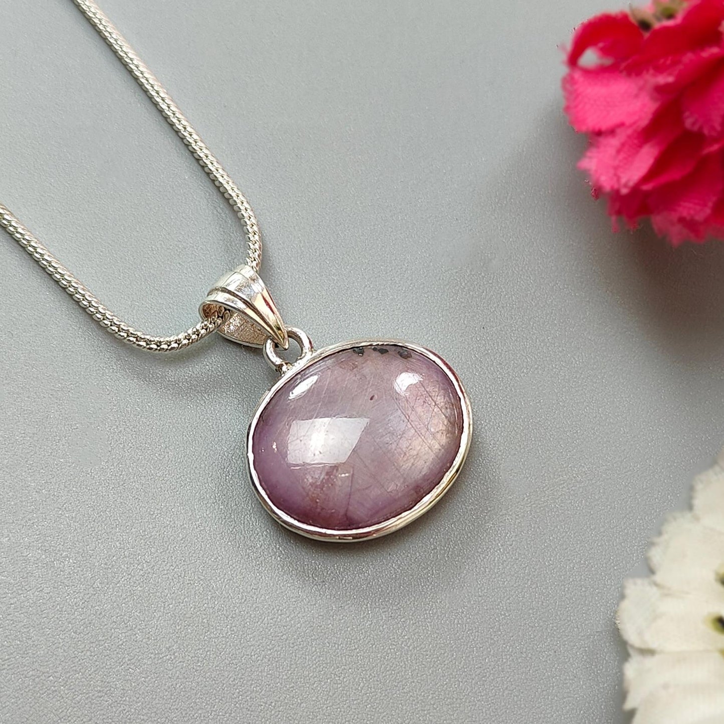 Star Ruby Silver Pendant: 4.01gms Natural Untreated Both Side Star Ruby Oval Shape Plain Briolette 925 Sterling Silver Bezel Set Pendant 1"