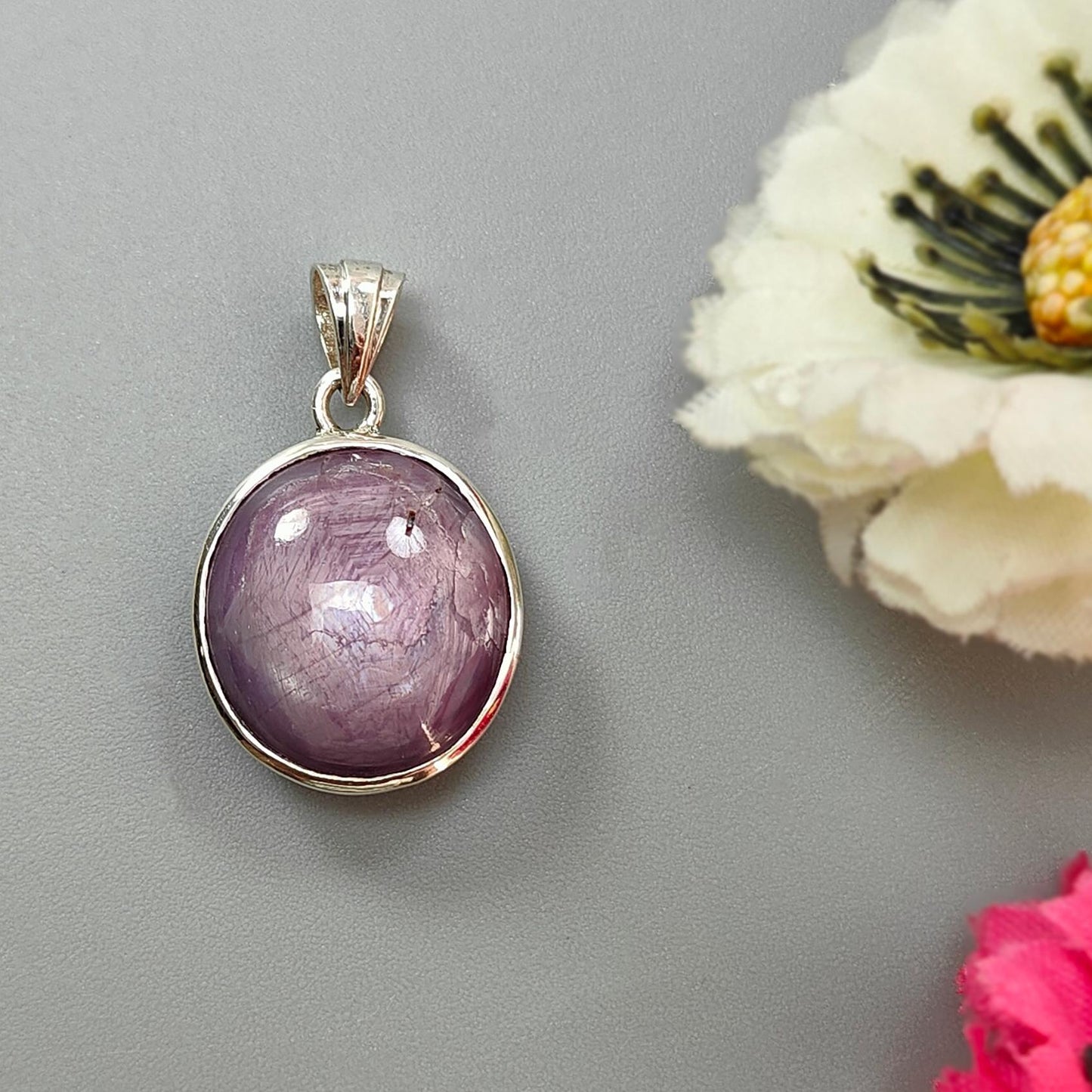 Star Ruby Silver Pendant: 5.62gms Natural Untreated Both Side Star Ruby Oval Plain Briolette 925 Sterling Silver Bezel Set Pendant 1.10"