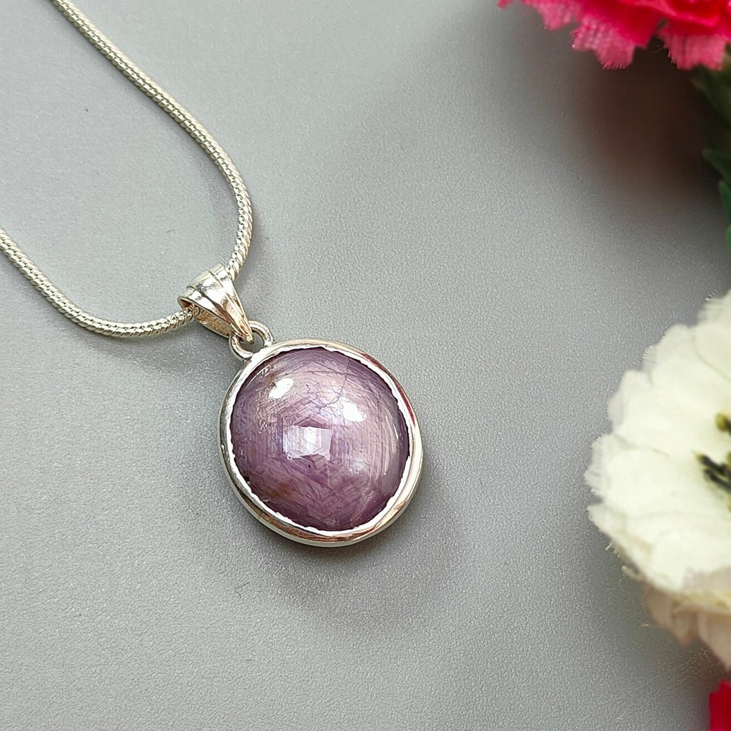 Star Ruby Silver Pendant: 5.62gms Natural Untreated Both Side Star Ruby Oval Plain Briolette 925 Sterling Silver Bezel Set Pendant 1.10"