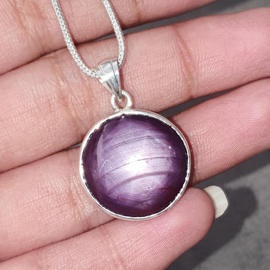 Star Ruby Silver Pendant: 7.24gms Natural Untreated Both Side Star Ruby Round Plain Briolette 925 Sterling Silver Bezel Set Pendant 1.30"