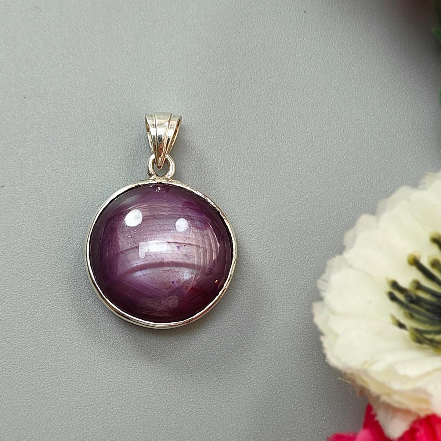 Star Ruby Silver Pendant: 7.24gms Natural Untreated Both Side Star Ruby Round Plain Briolette 925 Sterling Silver Bezel Set Pendant 1.30"