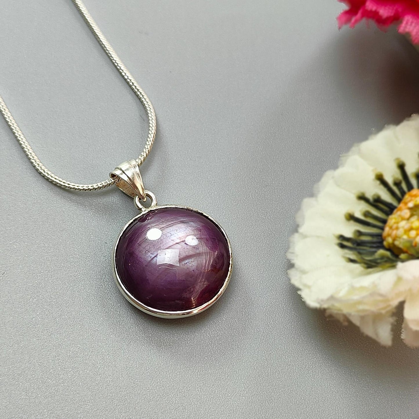 Star Ruby Silver Pendant: 7.24gms Natural Untreated Both Side Star Ruby Round Plain Briolette 925 Sterling Silver Bezel Set Pendant 1.30"