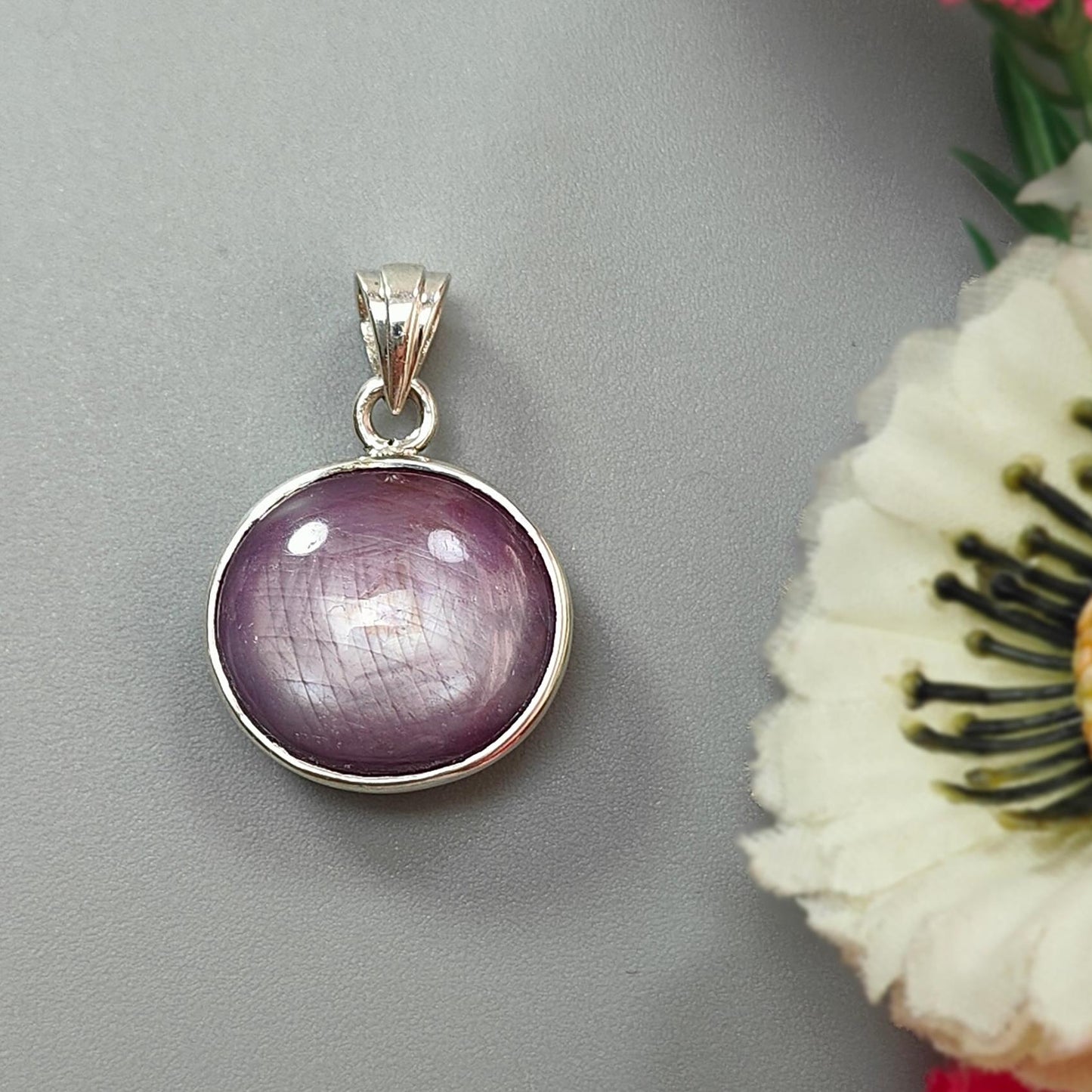 Star Ruby Silver Pendant: 5.24gms Natural Untreated Both Side Star Ruby Oval Plain Briolette 925 Sterling Silver Bezel Set Pendant 1"