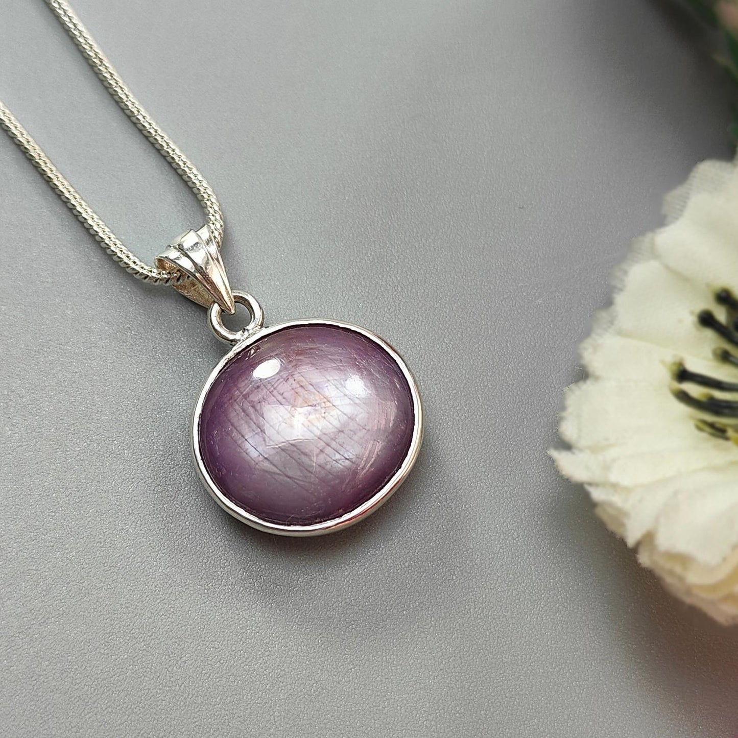 Star Ruby Silver Pendant: 5.24gms Natural Untreated Both Side Star Ruby Oval Plain Briolette 925 Sterling Silver Bezel Set Pendant 1"