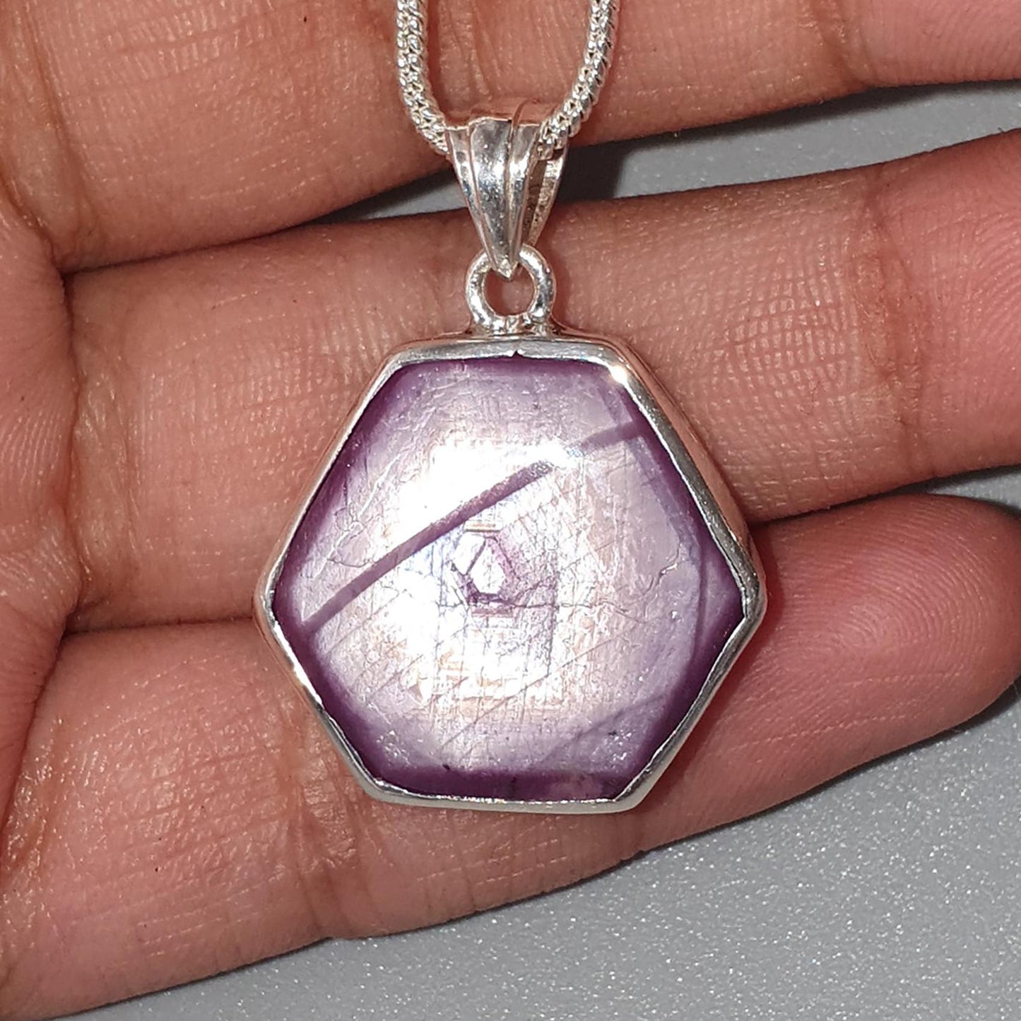 Star Ruby Silver Pendant: 8.48gms Natural Untreated Star Ruby Hexagon Shape Plain 925 Sterling Silver Bezel Set Pendant 1.30"