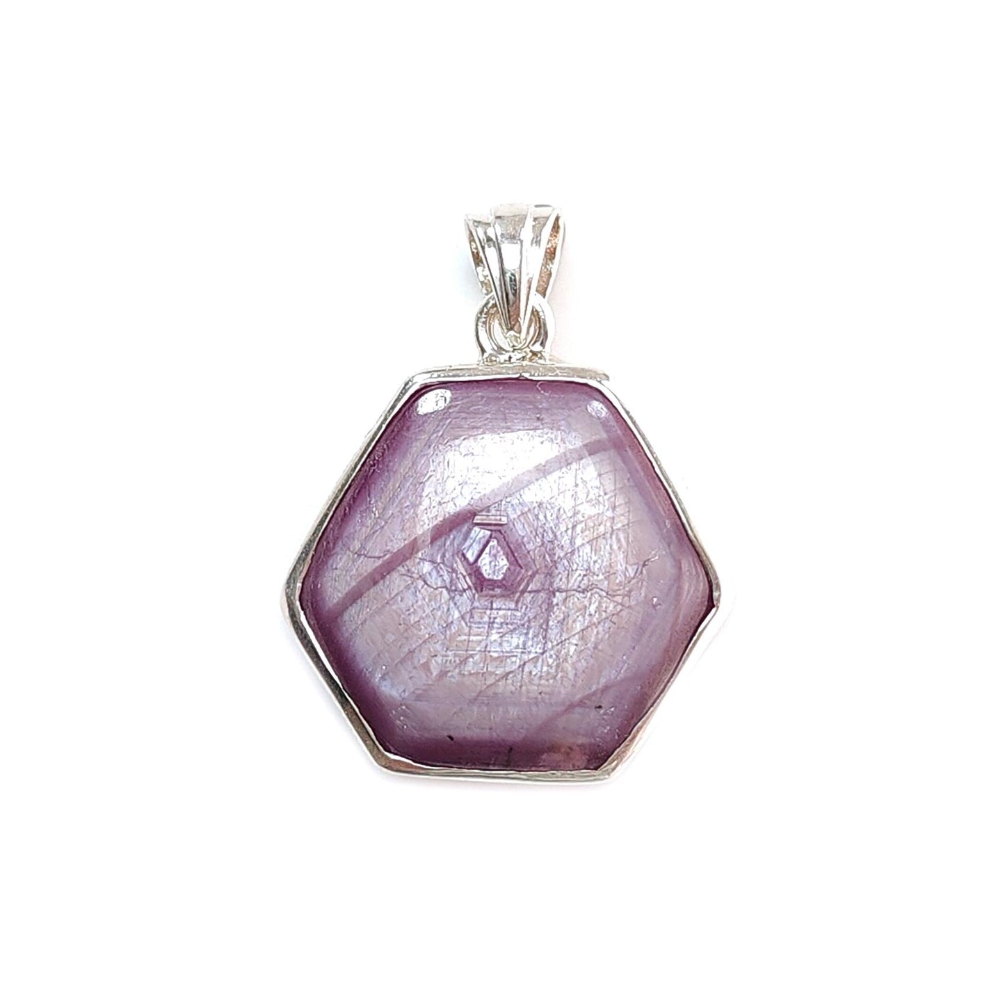 Star Ruby Silver Pendant: 8.48gms Natural Untreated Star Ruby Hexagon Shape Plain 925 Sterling Silver Bezel Set Pendant 1.30"