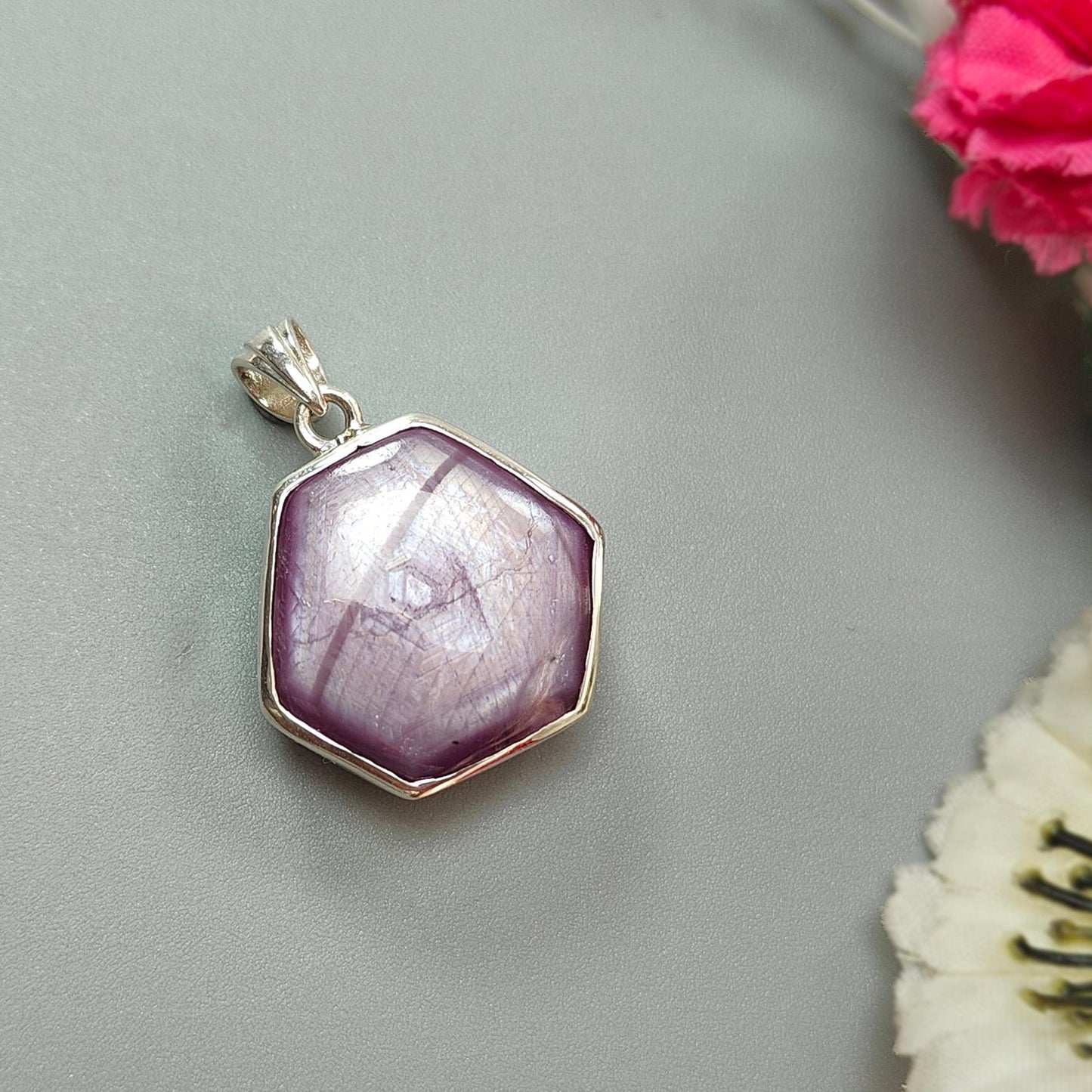 Star Ruby Silver Pendant: 8.48gms Natural Untreated Star Ruby Hexagon Shape Plain 925 Sterling Silver Bezel Set Pendant 1.30"