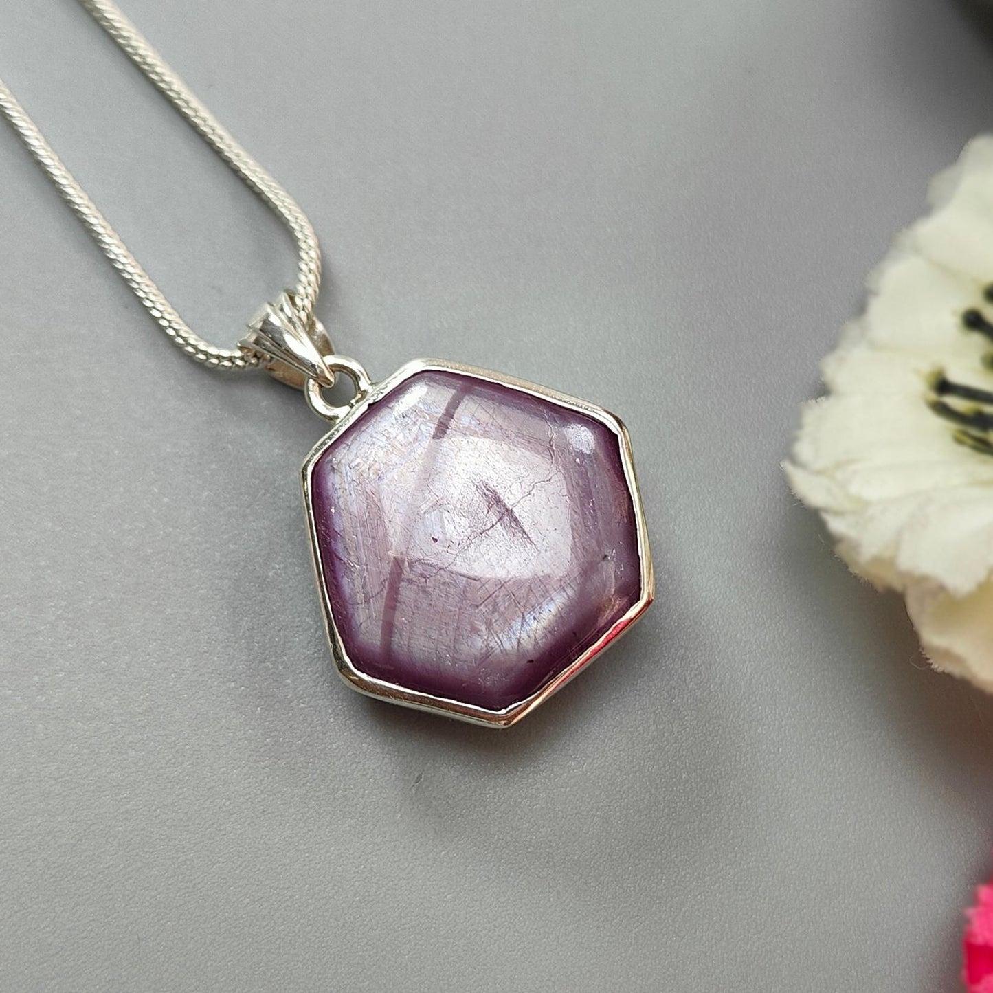 Star Ruby Silver Pendant: 8.48gms Natural Untreated Star Ruby Hexagon Shape Plain 925 Sterling Silver Bezel Set Pendant 1.30"