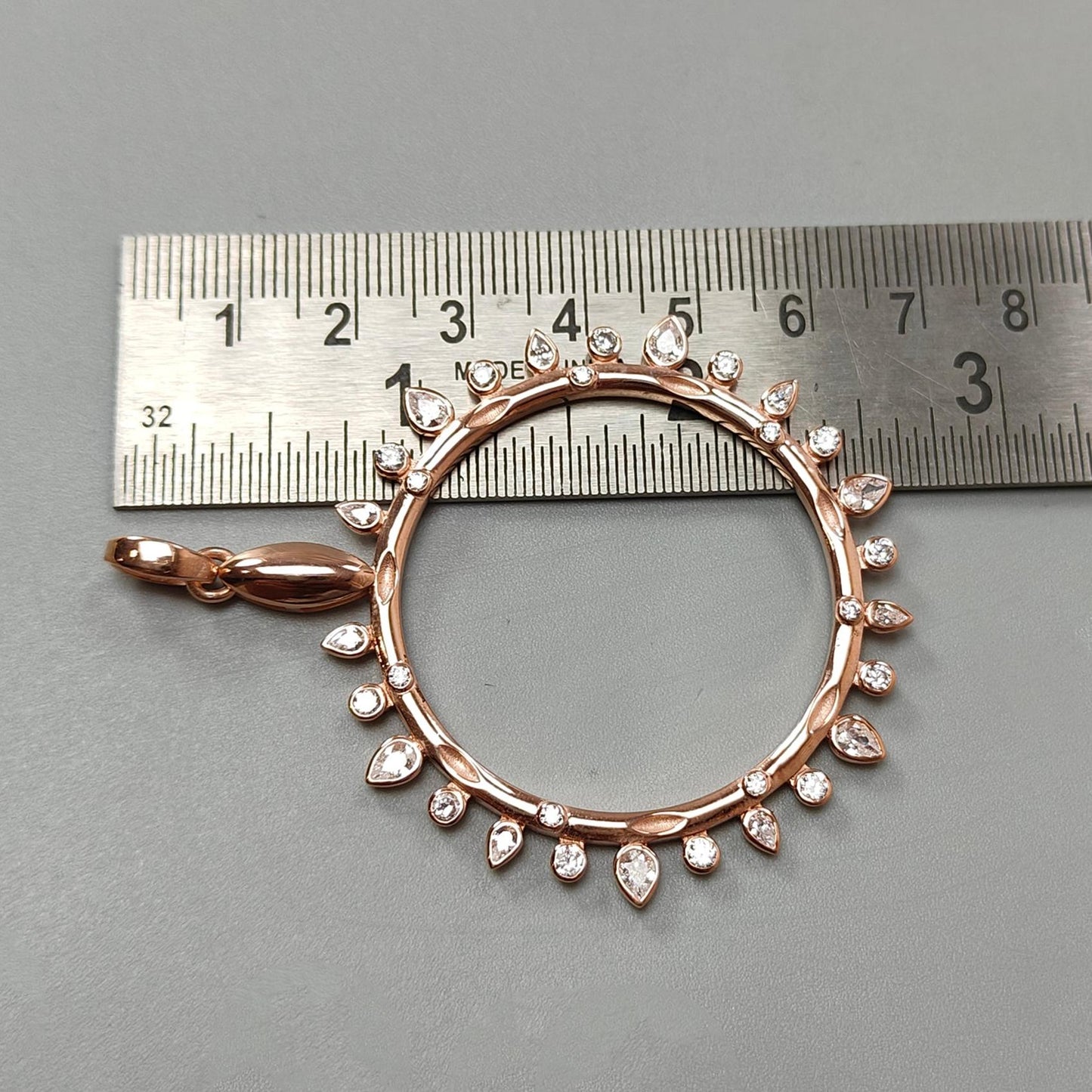 925 Sterling Silver Rose Gold Pendant: 10.22gms (Approx) Fashion Round Cubic Zirconia Bezel Set Pendant with Normal Loop 2.60" Gift for Her