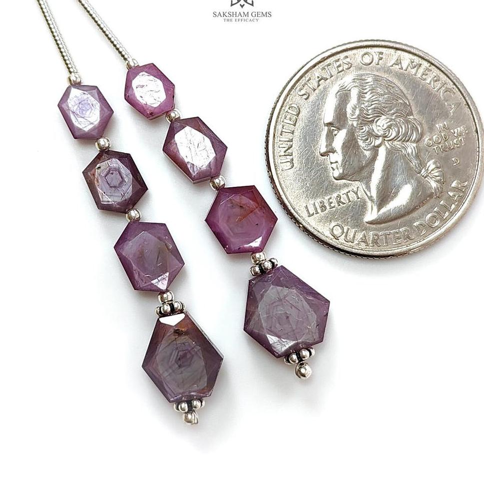 Raspberry Pink Sapphire Both Side Faceted Loose Beads: 21.40cts Natural Sapphire Hexagon Fancy Cut 925 Sterling Silver 6*5mm - 9*7mm