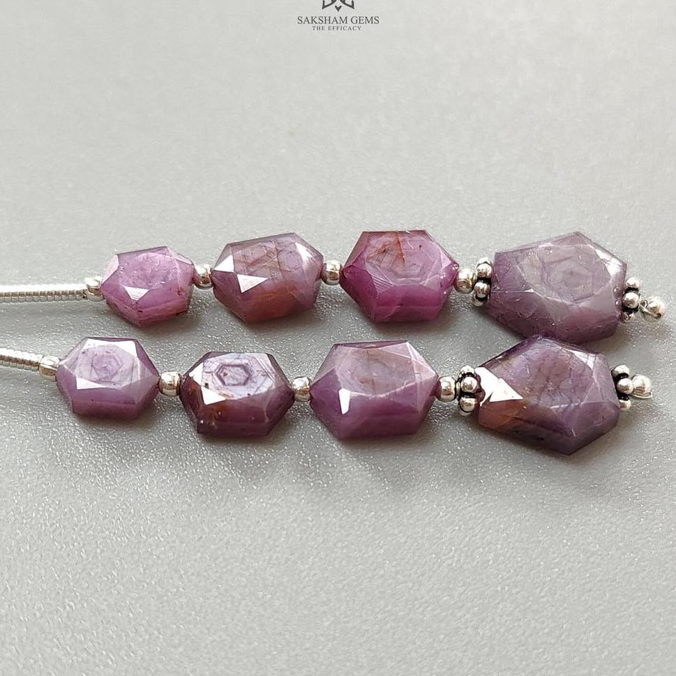 Raspberry Pink Sapphire Both Side Faceted Loose Beads: 21.40cts Natural Sapphire Hexagon Fancy Cut 925 Sterling Silver 6*5mm - 9*7mm