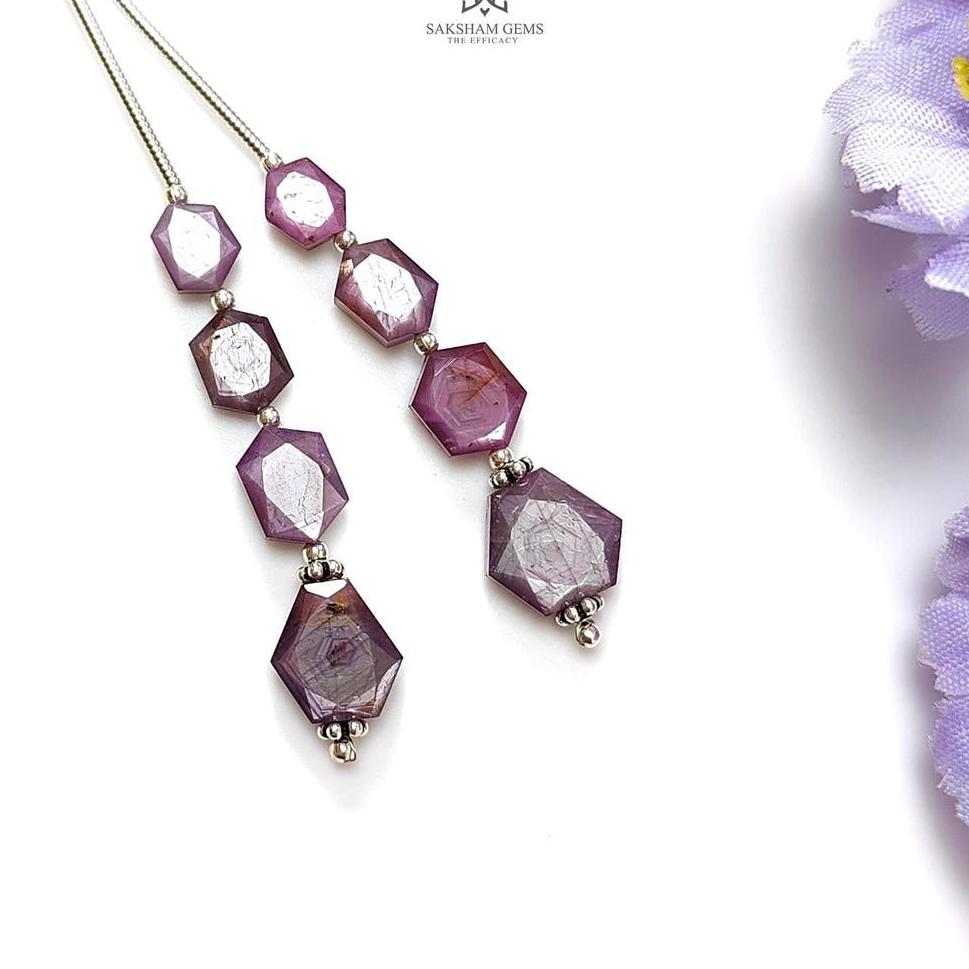 Raspberry Pink Sapphire Both Side Faceted Loose Beads: 21.40cts Natural Sapphire Hexagon Fancy Cut 925 Sterling Silver 6*5mm - 9*7mm