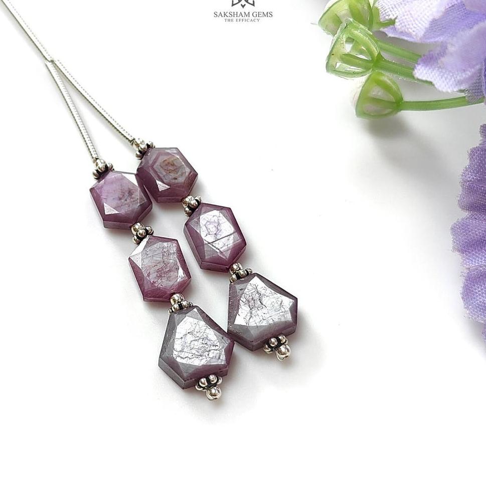 Raspberry Pink Sapphire Both Side Faceted Loose Beads: 24.90cts Natural Sapphire Hexagon Fancy Cut 925 Sterling Silver 8.5*7mm - 9*8mm