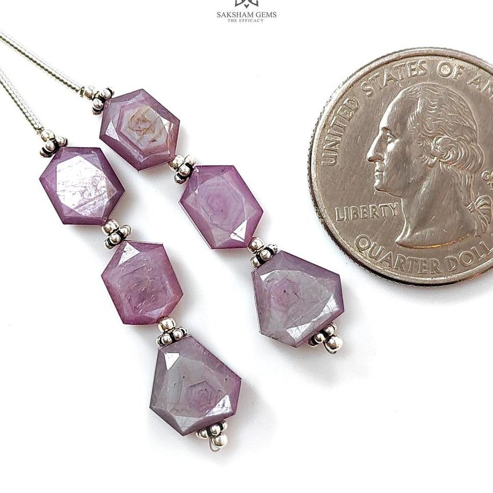 Raspberry Pink Sapphire Both Side Faceted Loose Beads: 24.90cts Natural Sapphire Hexagon Fancy Cut 925 Sterling Silver 8.5*7mm - 9*8mm