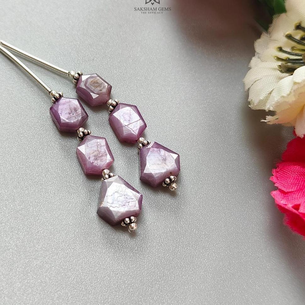 Raspberry Pink Sapphire Both Side Faceted Loose Beads: 24.90cts Natural Sapphire Hexagon Fancy Cut 925 Sterling Silver 8.5*7mm - 9*8mm