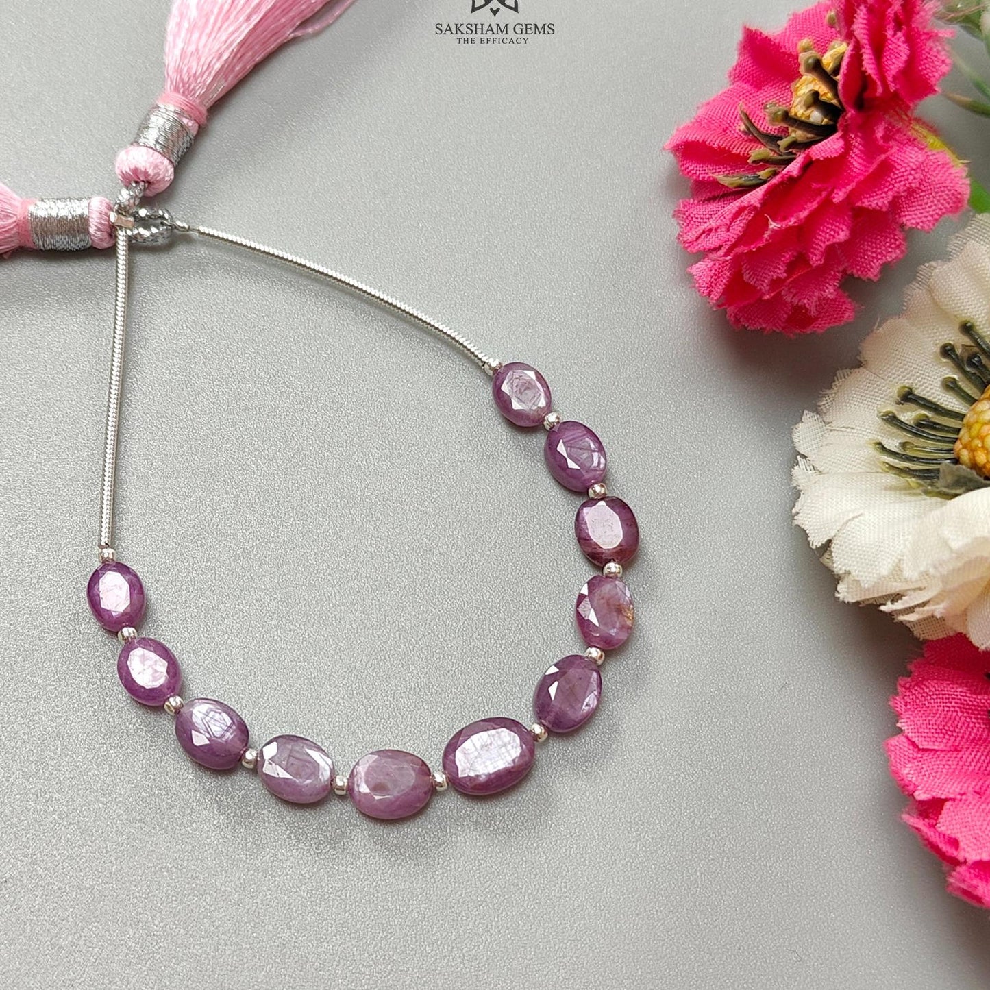 Raspberry Pink Sapphire Faceted Loose Beads: 17.50cts Natural Sapphire Both Side Faceted Oval 925 Sterling Silver Beads 6*5mm - 8*6mm 3.50"