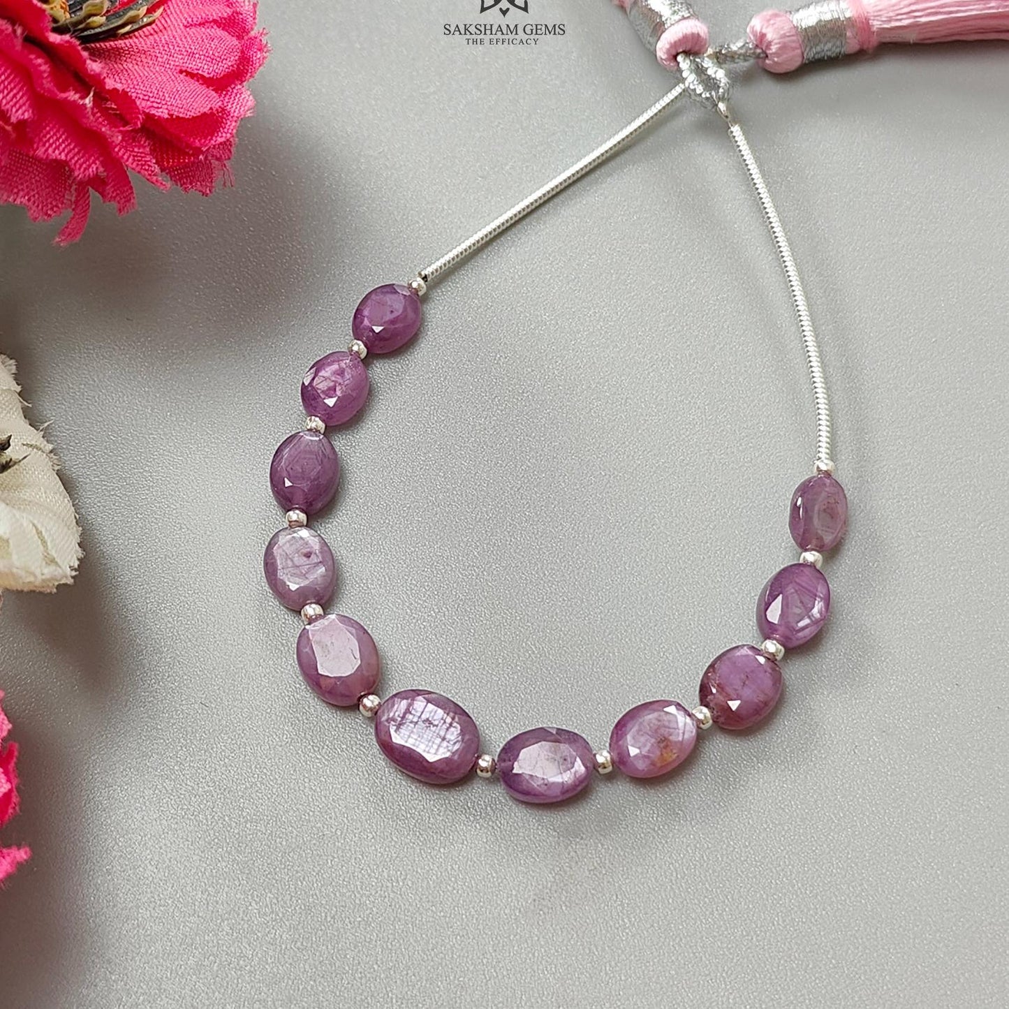 Raspberry Pink Sapphire Faceted Loose Beads: 17.50cts Natural Sapphire Both Side Faceted Oval 925 Sterling Silver Beads 6*5mm - 8*6mm 3.50"