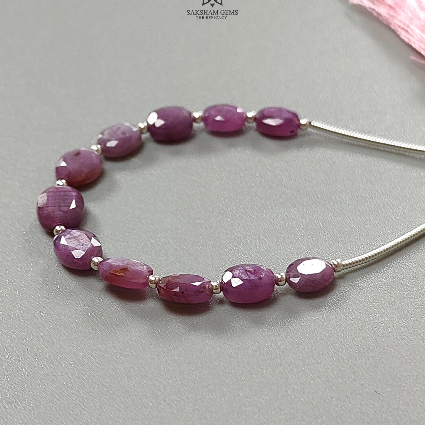 Raspberry Pink Sapphire Faceted Loose Beads: 17.50cts Natural Sapphire Both Side Faceted Oval 925 Sterling Silver Beads 6*5mm - 8*6mm 3.50"