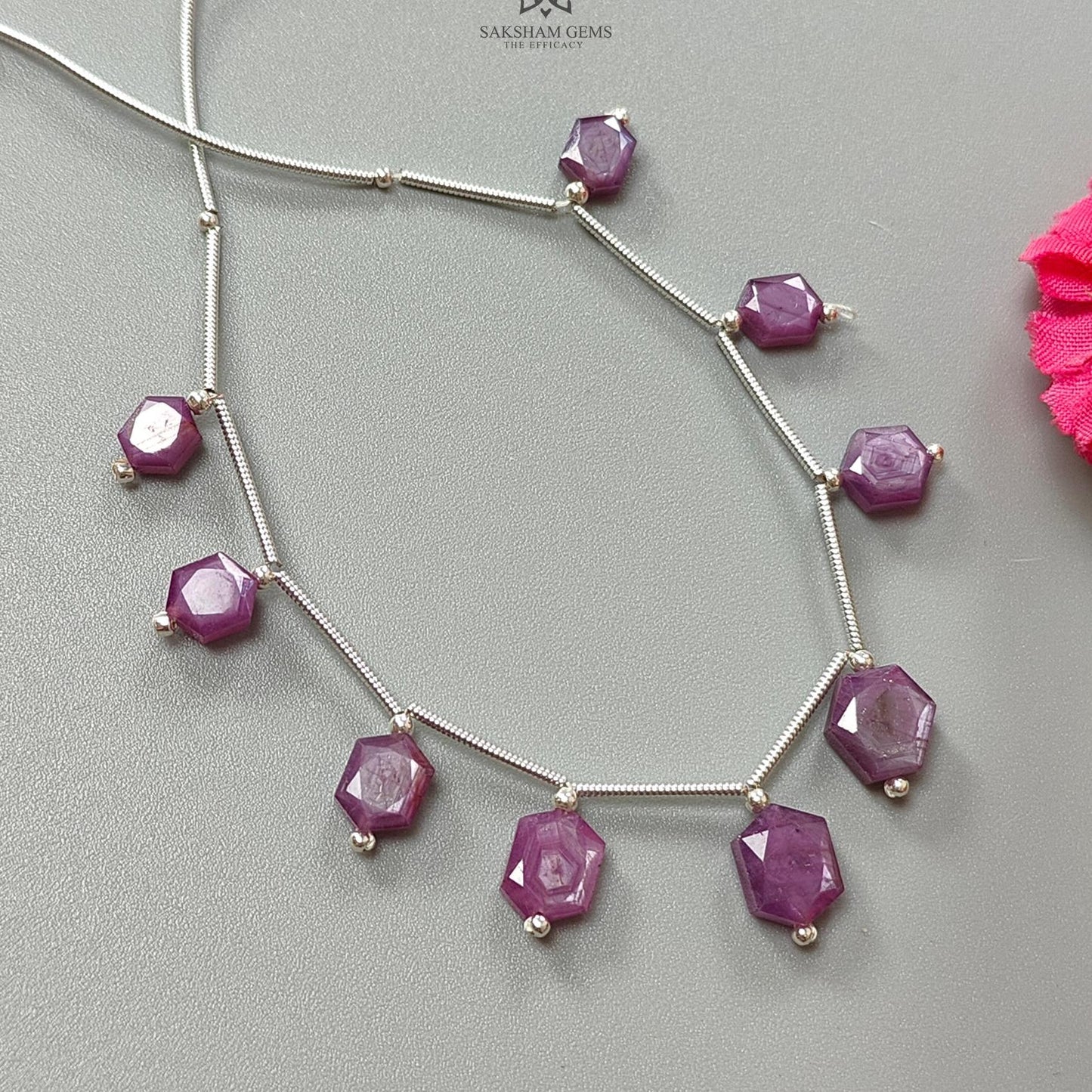 Raspberry Pink Sapphire Faceted Loose Beads: 27.70cts Natural Sapphire Faceted  Hexagon Both Side 925 Sterling Silver Beads 6*5mm - 9*7mm