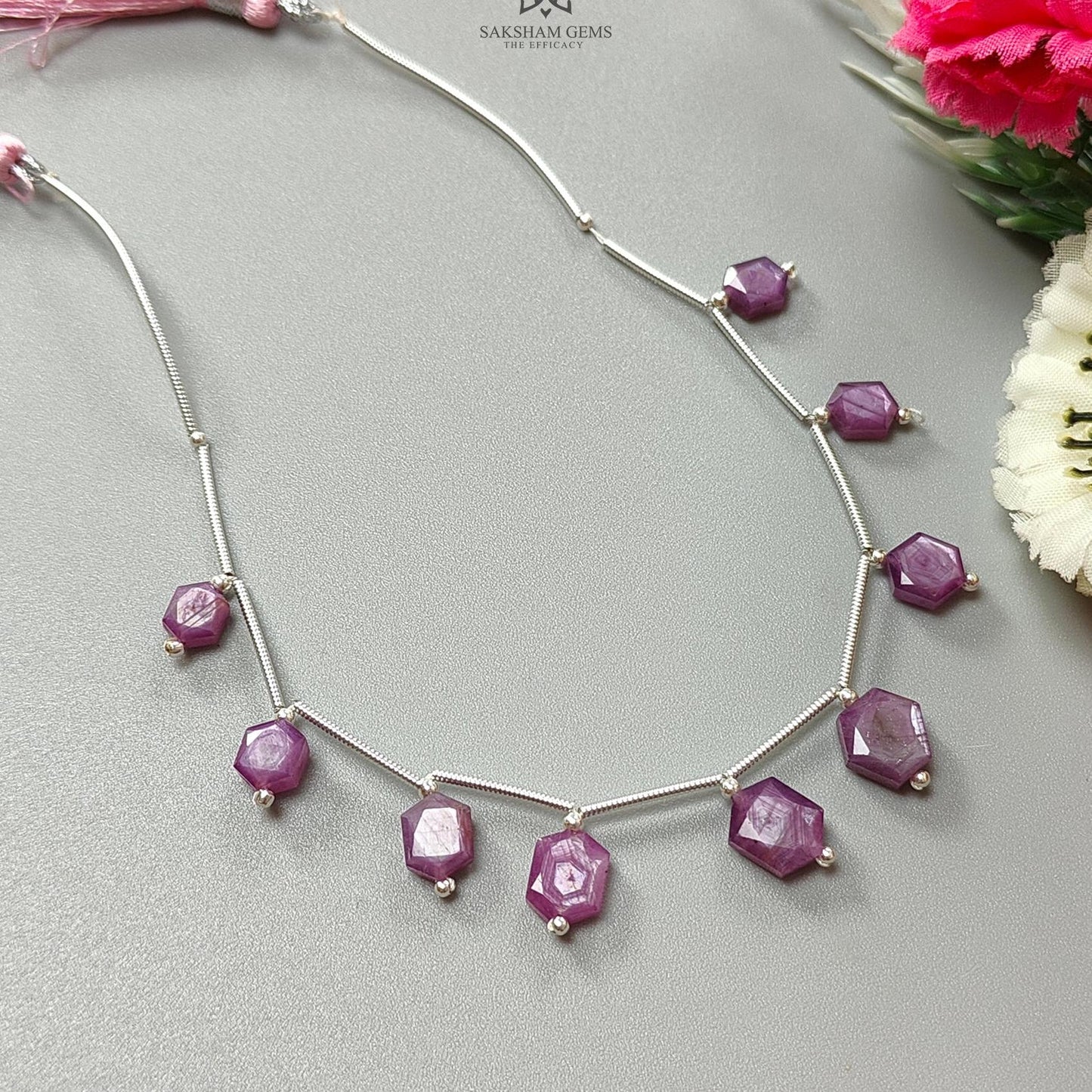 Raspberry Pink Sapphire Faceted Loose Beads: 27.70cts Natural Sapphire Faceted  Hexagon Both Side 925 Sterling Silver Beads 6*5mm - 9*7mm