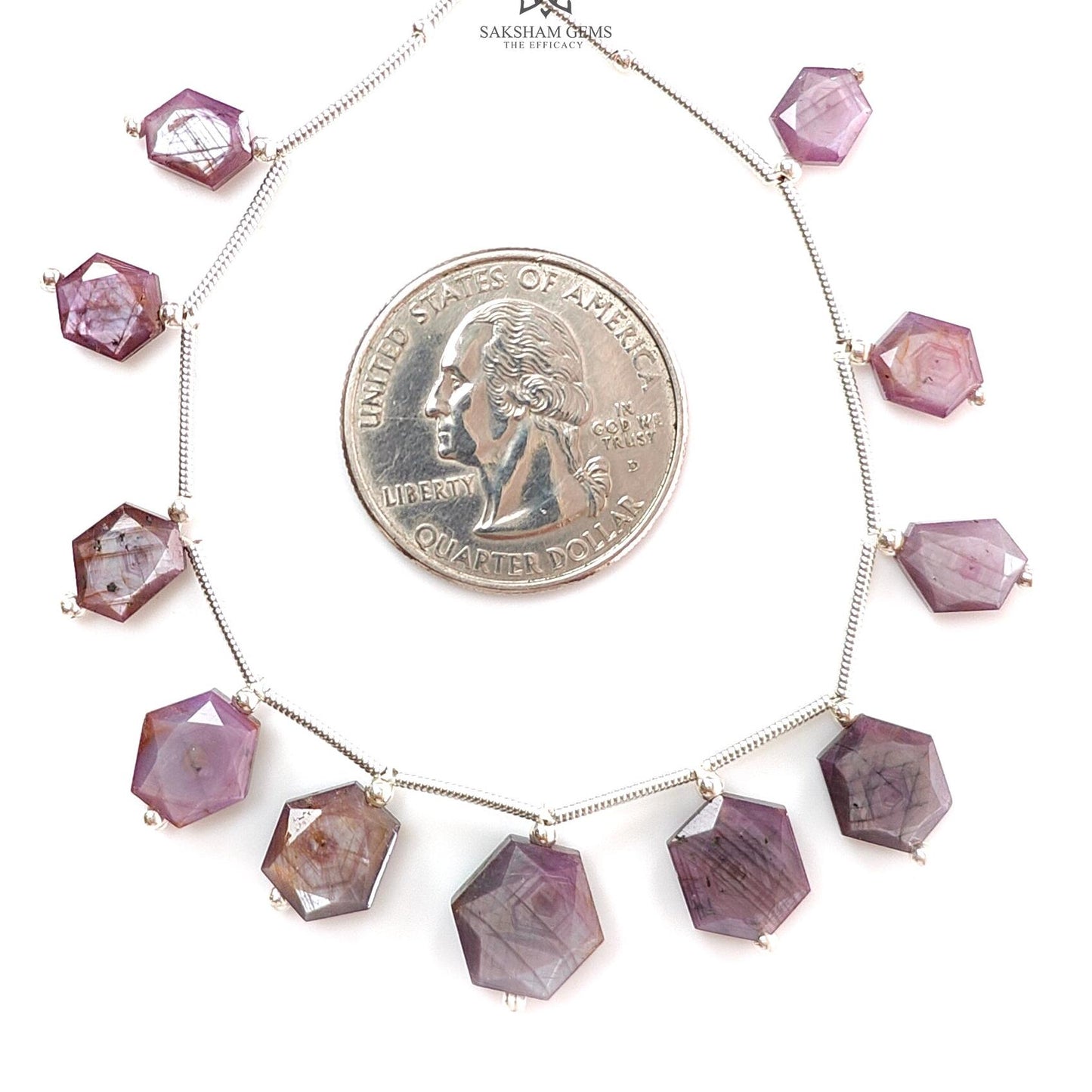 Raspberry Pink Sapphire Faceted Loose Beads: 33.70cts Natural Sapphire Both Side Faceted Hexagon 925 Sterling Silver Beads 7*5mm - 10*9mm