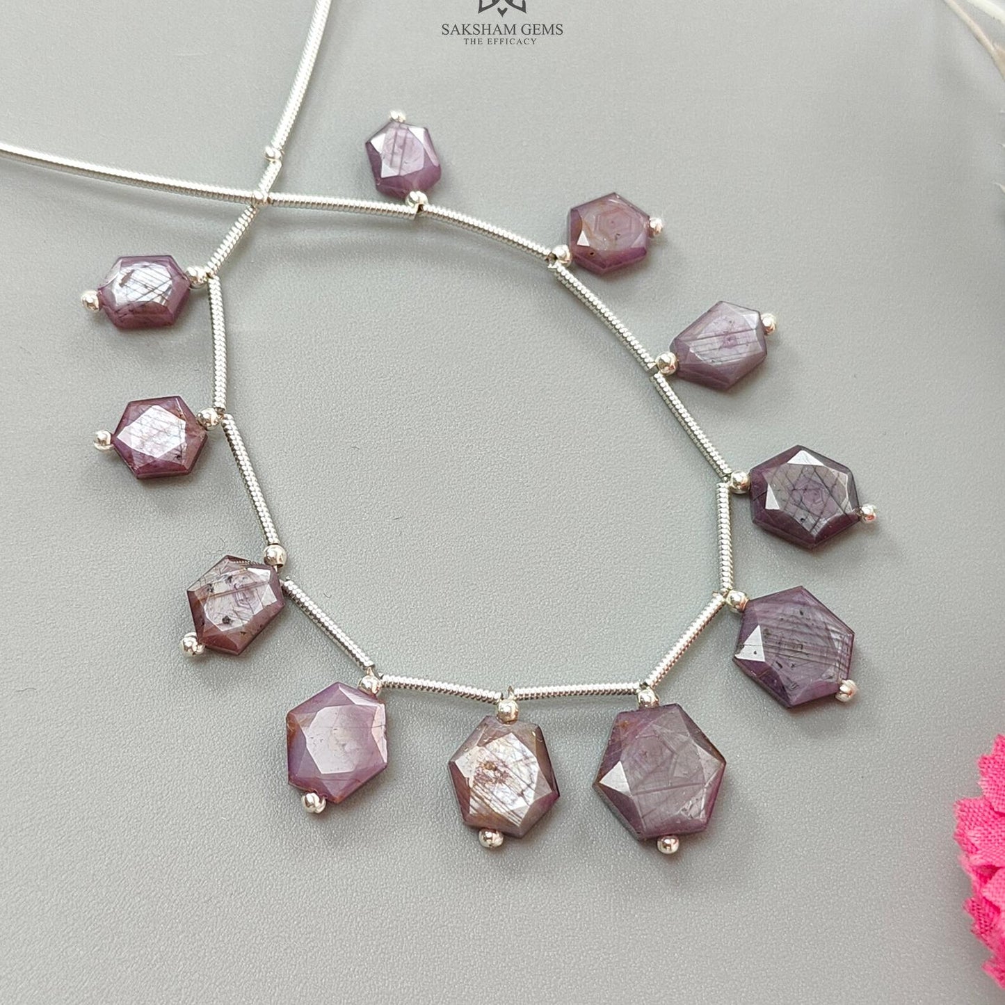 Raspberry Pink Sapphire Faceted Loose Beads: 33.70cts Natural Sapphire Both Side Faceted Hexagon 925 Sterling Silver Beads 7*5mm - 10*9mm