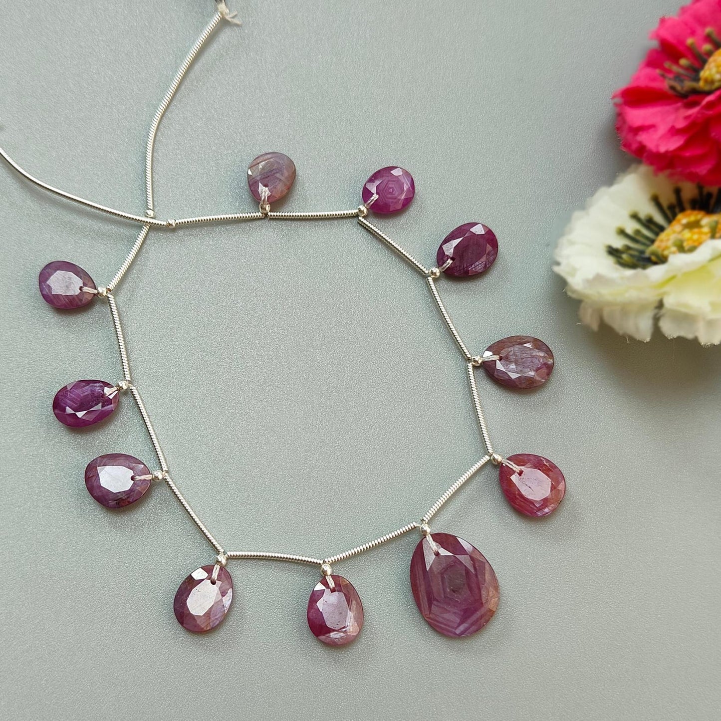 Raspberry Pink Sapphire Faceted Cut Loose Beads: 44.00cts Natural Untreated Sapphire Faceted Egg Shape 925 Silver 9.5*8mm - 15.5*12mm Beads