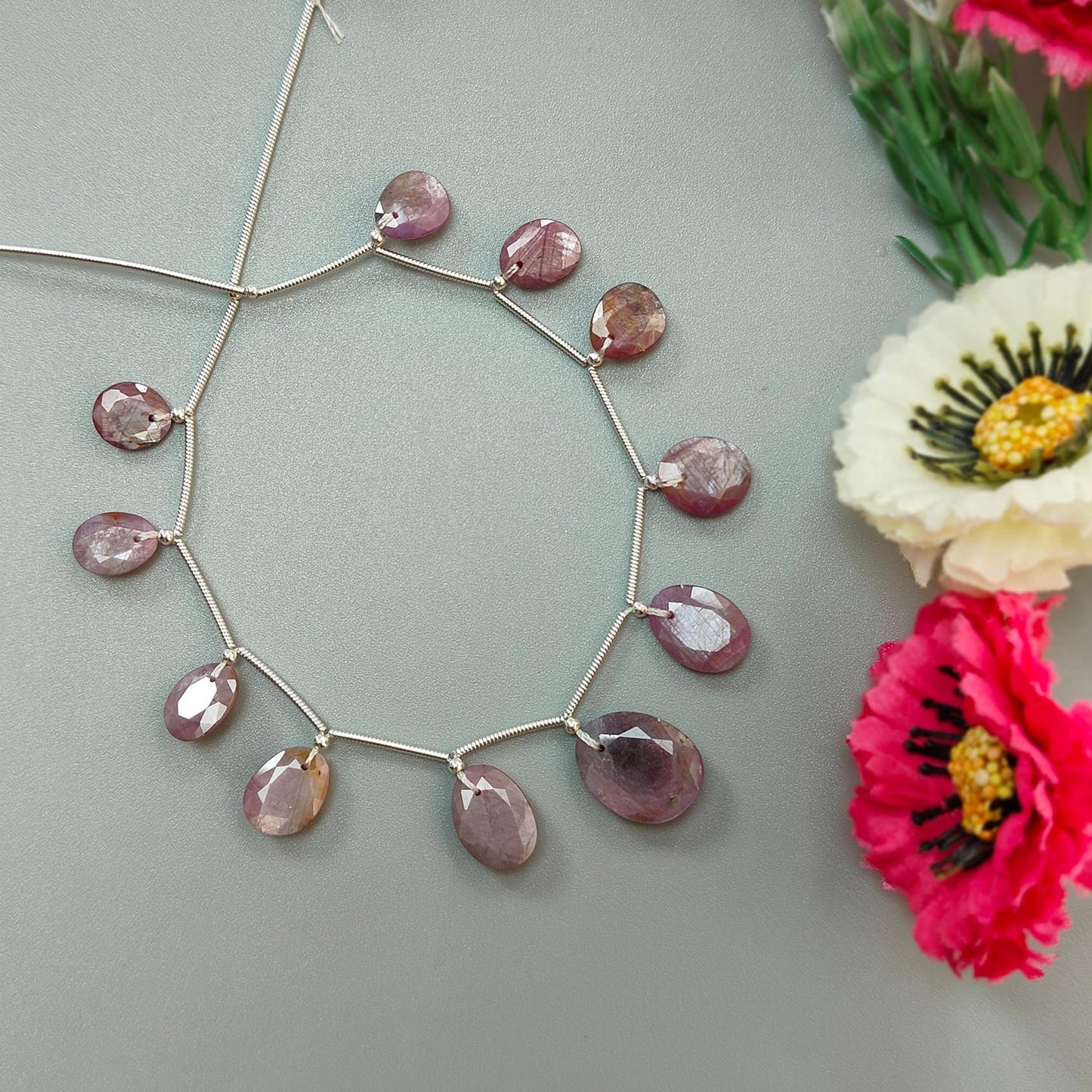 Raspberry Pink Sapphire Faceted Cut Loose Beads: 44.00cts Natural Untreated Sapphire Faceted Egg Shape 925 Silver 10*8mm - 17*13.5mm Beads