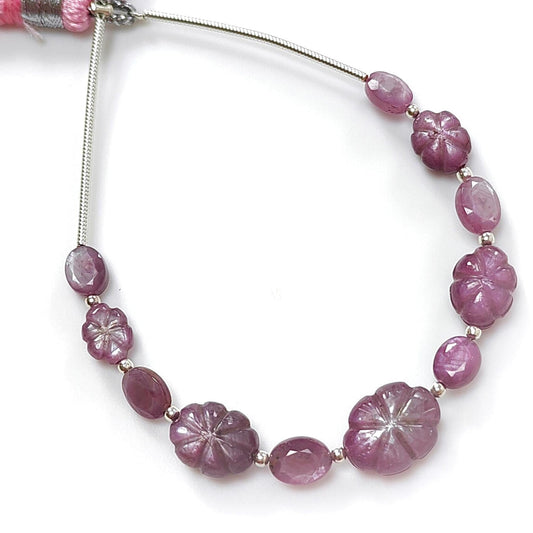 Raspberry Pink Sapphire Carved Loose Beads: 24.10cts Natural Sapphire Carving 925 Sterling Silver Oval 7*5mm - 11*8.5mm 3.75" Faceted Beads