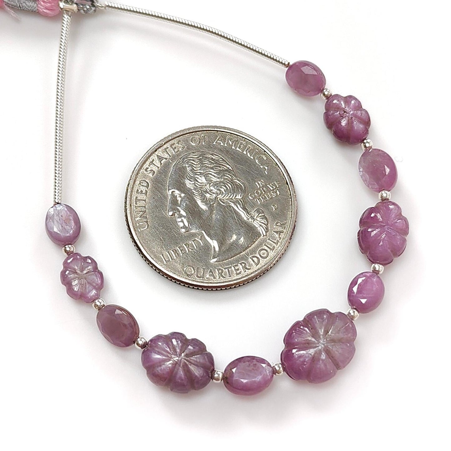 Raspberry Pink Sapphire Carved Loose Beads: 24.10cts Natural Sapphire Carving 925 Sterling Silver Oval 7*5mm - 11*8.5mm 3.75" Faceted Beads