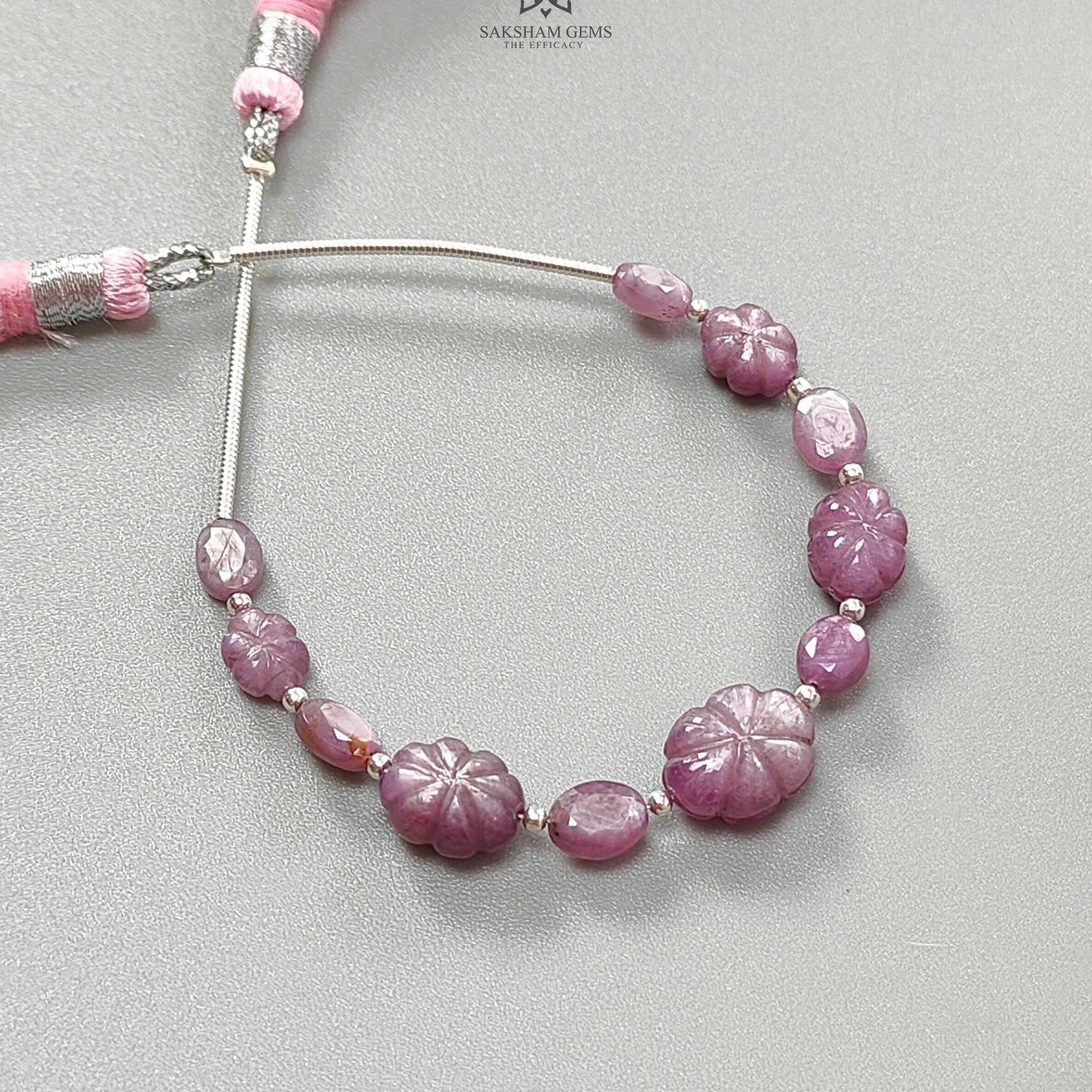 Raspberry Pink Sapphire Carved Loose Beads: 24.10cts Natural Sapphire Carving 925 Sterling Silver Oval 7*5mm - 11*8.5mm 3.75" Faceted Beads