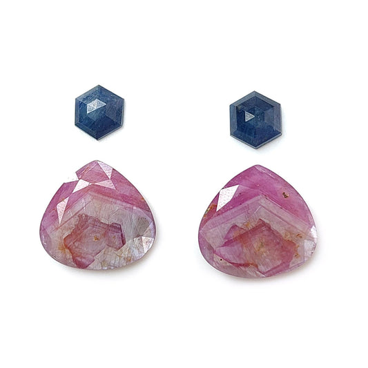 Raspberry Pink, Blue Sapphire Gemstone Faceted Cut: 26.30cts Natural Untreated Sapphire Heart, Hexagon Shape 9*8mm - 18*16mm 4pcs Set