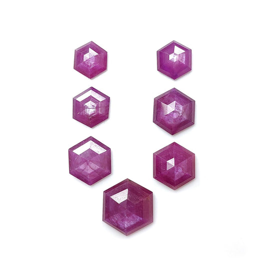 Raspberry Ruby Gemstone Step Cut: 56.90cts Natural Untreated Purple Sheen Ruby Hexagon Shape 12*11mm - 18*16mm 7pcs Set for Jewelry
