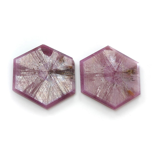 Rosemary Pink Sapphire Gemstone Flat Slices Trapiche : 56.60cts Natural Untreated Unheated Sheen Sapphire Hexagon Shape 30*27mm Pair