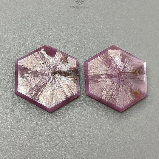 Rosemary Pink Sapphire Gemstone Flat Slices Trapiche : 56.60cts Natural Untreated Unheated Sheen Sapphire Hexagon Shape 30*27mm Pair