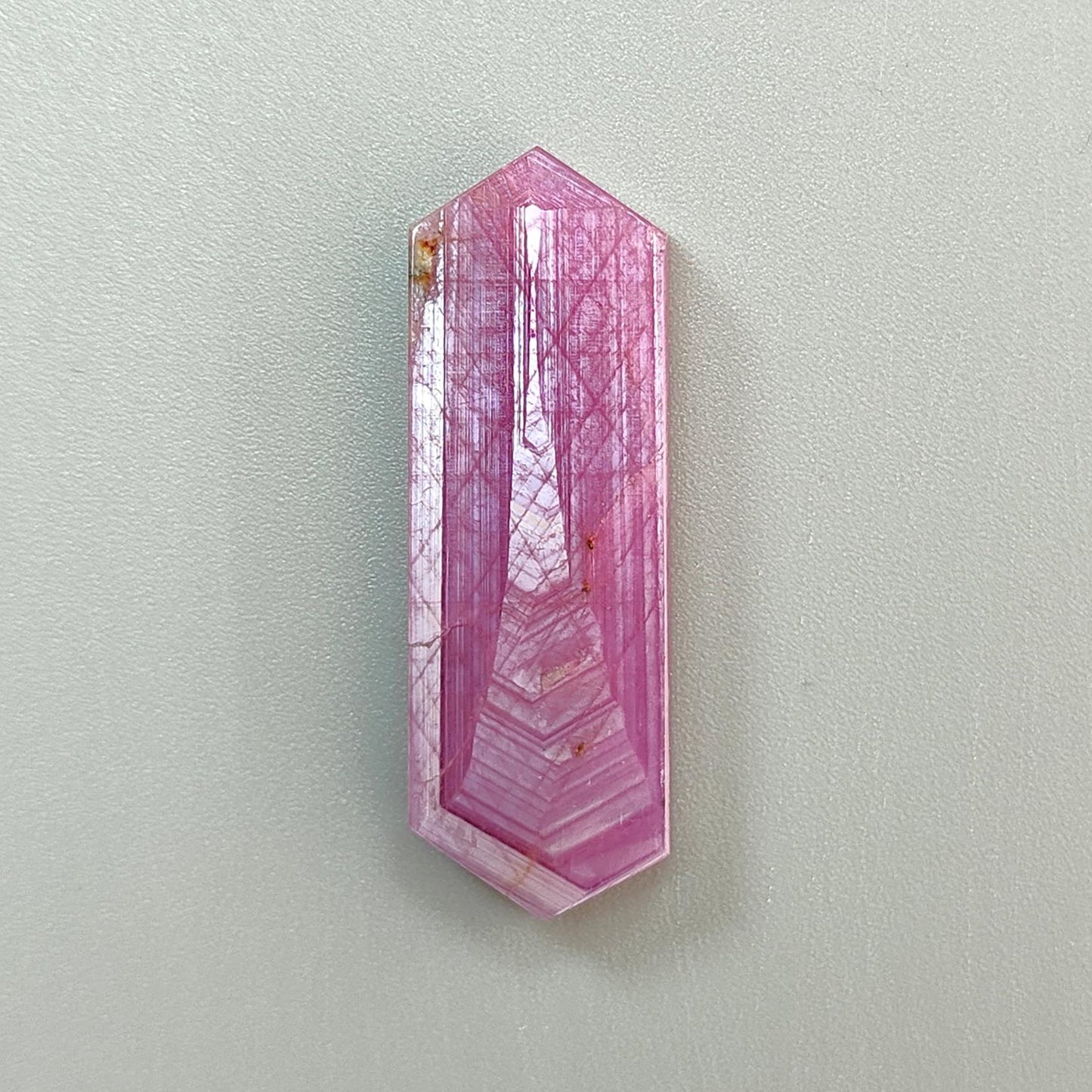 Rosemary Ruby Gemstone Flat Slices: 46.50cts Natural Untreated Sheen Pink Ruby Unique Eiffel Tower Engraved 41.5*15mm 1pc For Jewelry