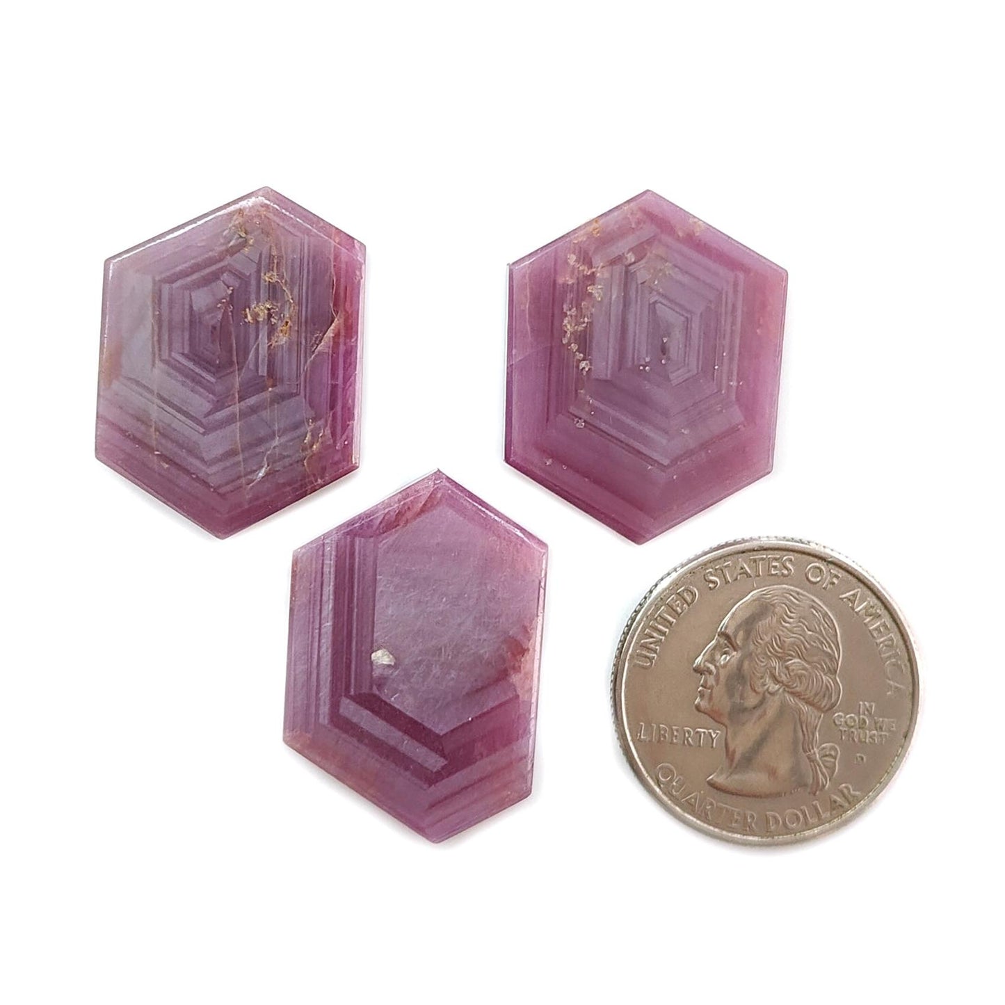 Rosemary Pink Sapphire Gemstone Flat Slices: 89.00cts Natural Untreated Sheen Sapphire Hexagon Shape 27*20mm - 28*19mm 3pcs Set for Jewelry
