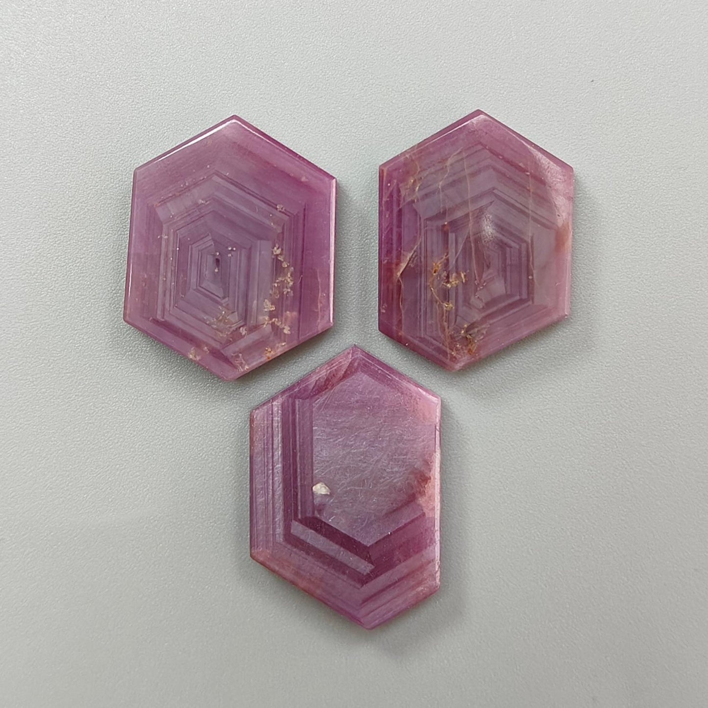 Rosemary Pink Sapphire Gemstone Flat Slices: 89.00cts Natural Untreated Sheen Sapphire Hexagon Shape 27*20mm - 28*19mm 3pcs Set for Jewelry