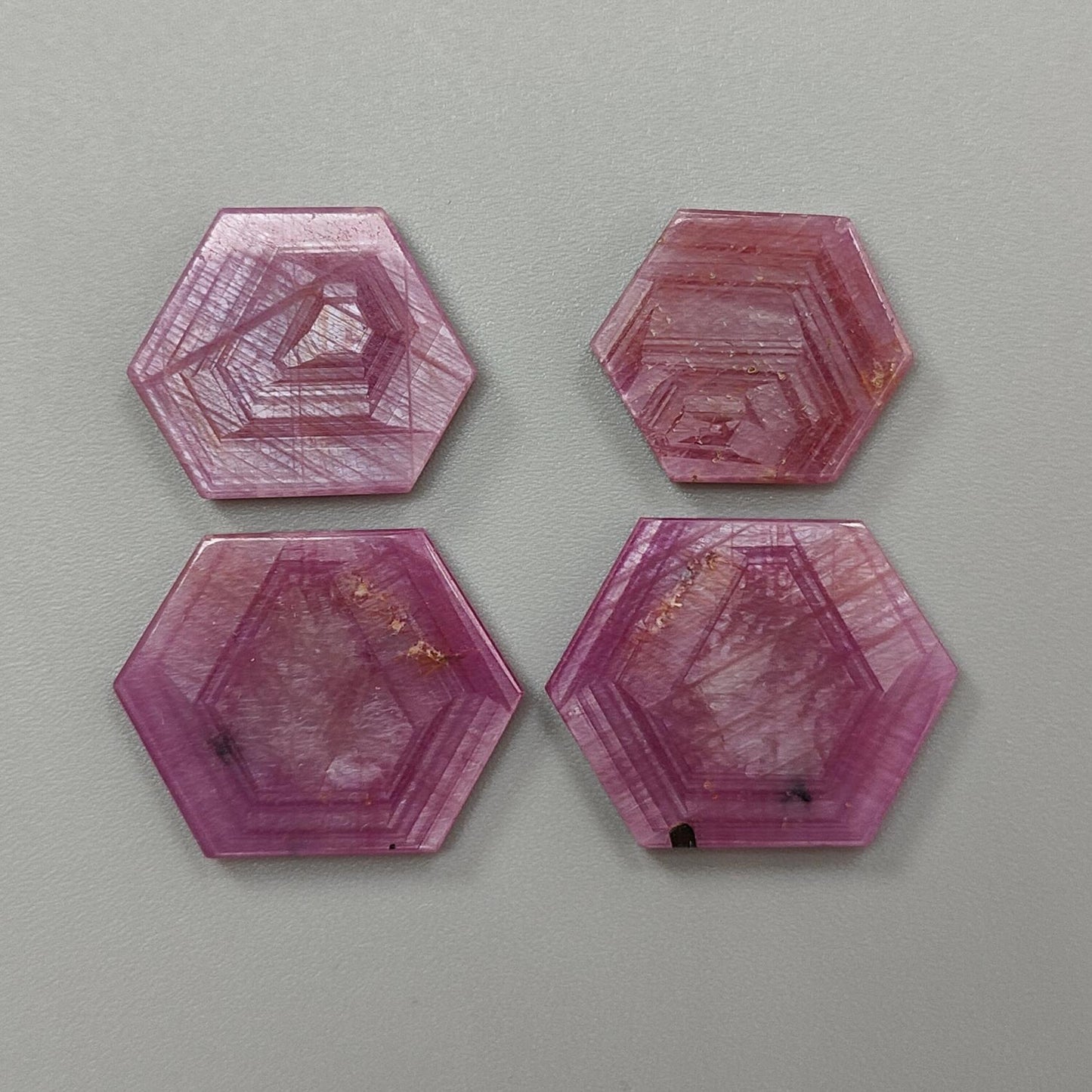 Rosemary Pink Sapphire Gemstone Flat Slices: 72.60cts Natural Untreated Sheen Sapphire Hexagon Shape 21*18mm - 28*22mm 4pcs Set for Jewelry