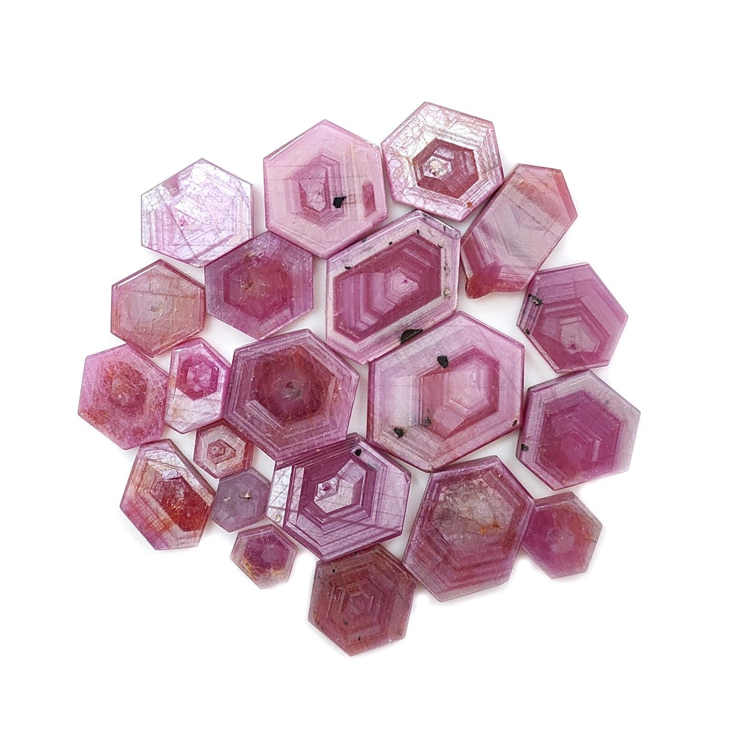 Rosemary Pink Sapphire Gemstone Flat Slices: 195.40cts Natural Untreated Sheen Sapphire Hexagon Shape 8*7mm - 24*17mm 21pcs Lots for Jewelry