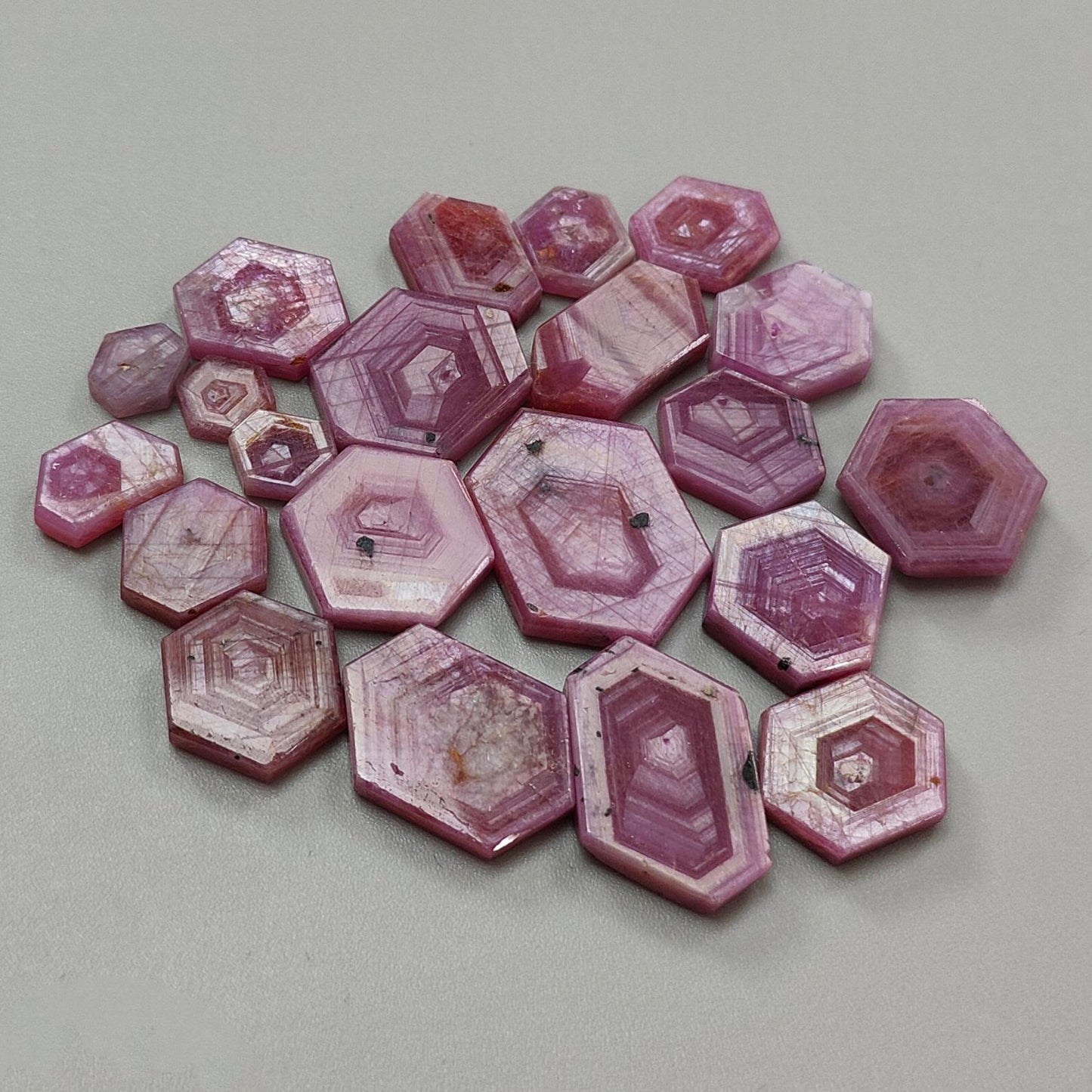 Rosemary Pink Sapphire Gemstone Flat Slices: 195.40cts Natural Untreated Sheen Sapphire Hexagon Shape 8*7mm - 24*17mm 21pcs Lots for Jewelry