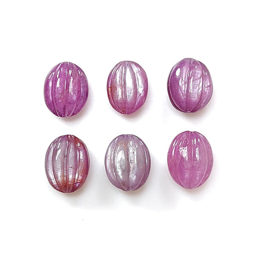 Pink Sapphire Gemstone Carving: 25.30cts Natural Untreated Sapphire Hand Carved Oval Shape 10*8mm 6pcs Set For Jewelry September Birthstone