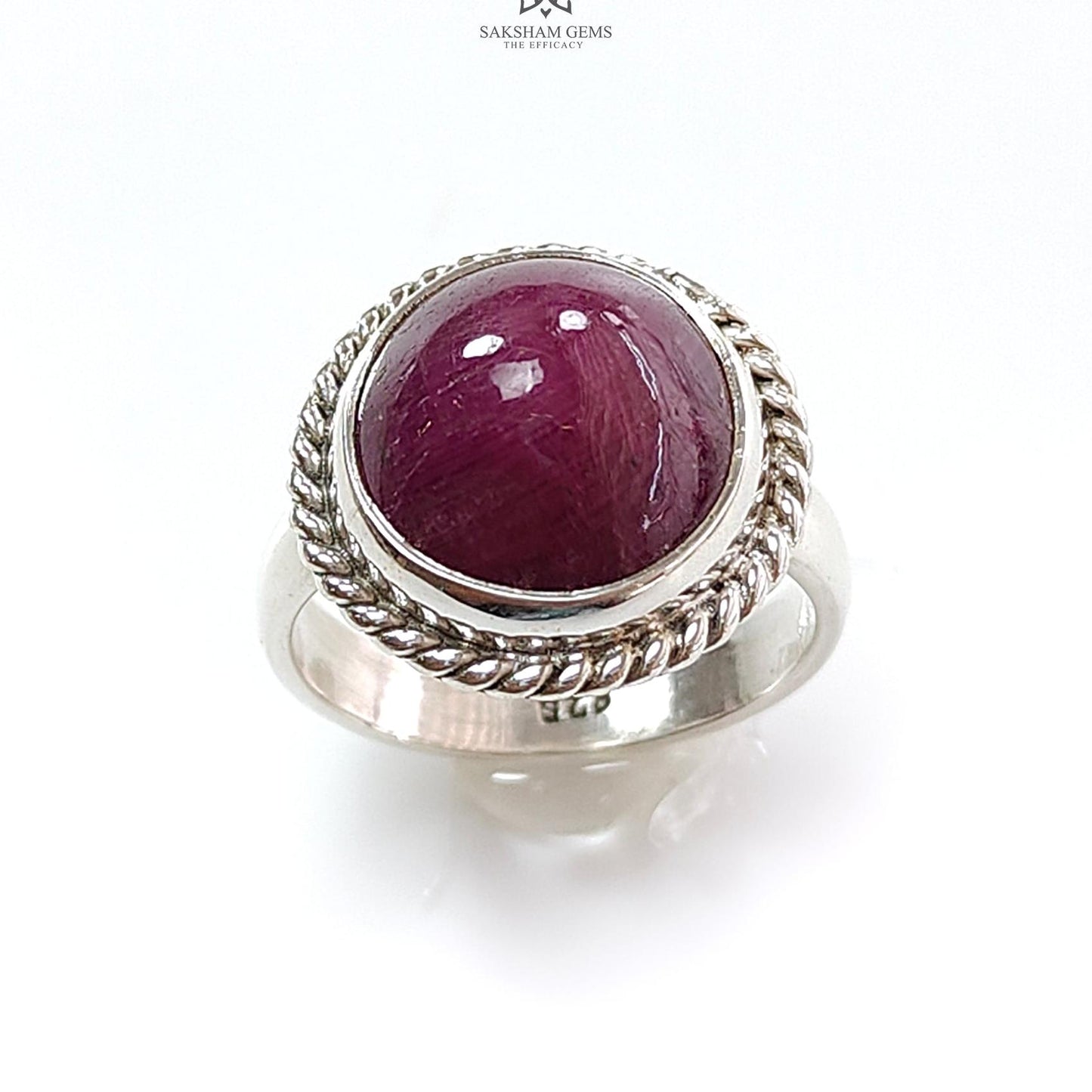 Red Ruby Silver Ring: 7.6gms. Natural Ruby Untreated Cabochon Round Shape 925 Sterling Silver Bezel Set Ring 8 US