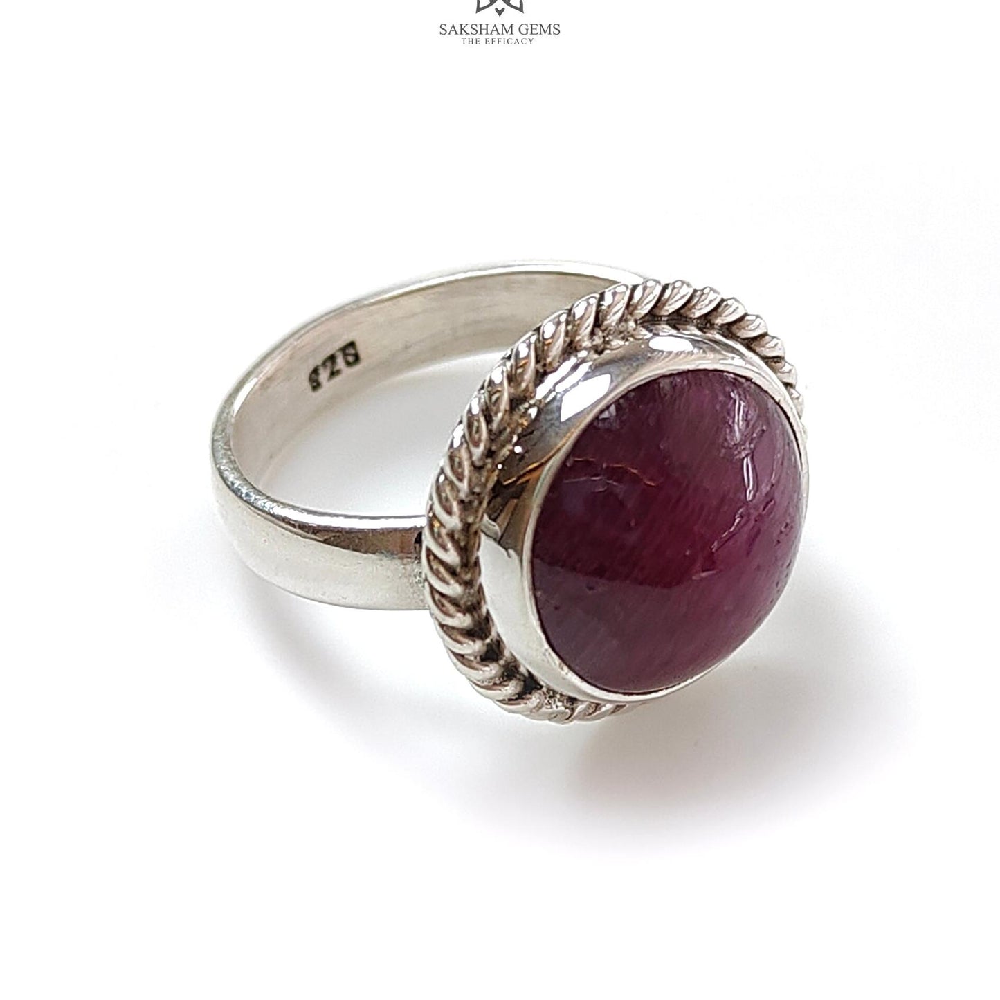 Red Ruby Silver Ring: 7.6gms. Natural Ruby Untreated Cabochon Round Shape 925 Sterling Silver Bezel Set Ring 8 US