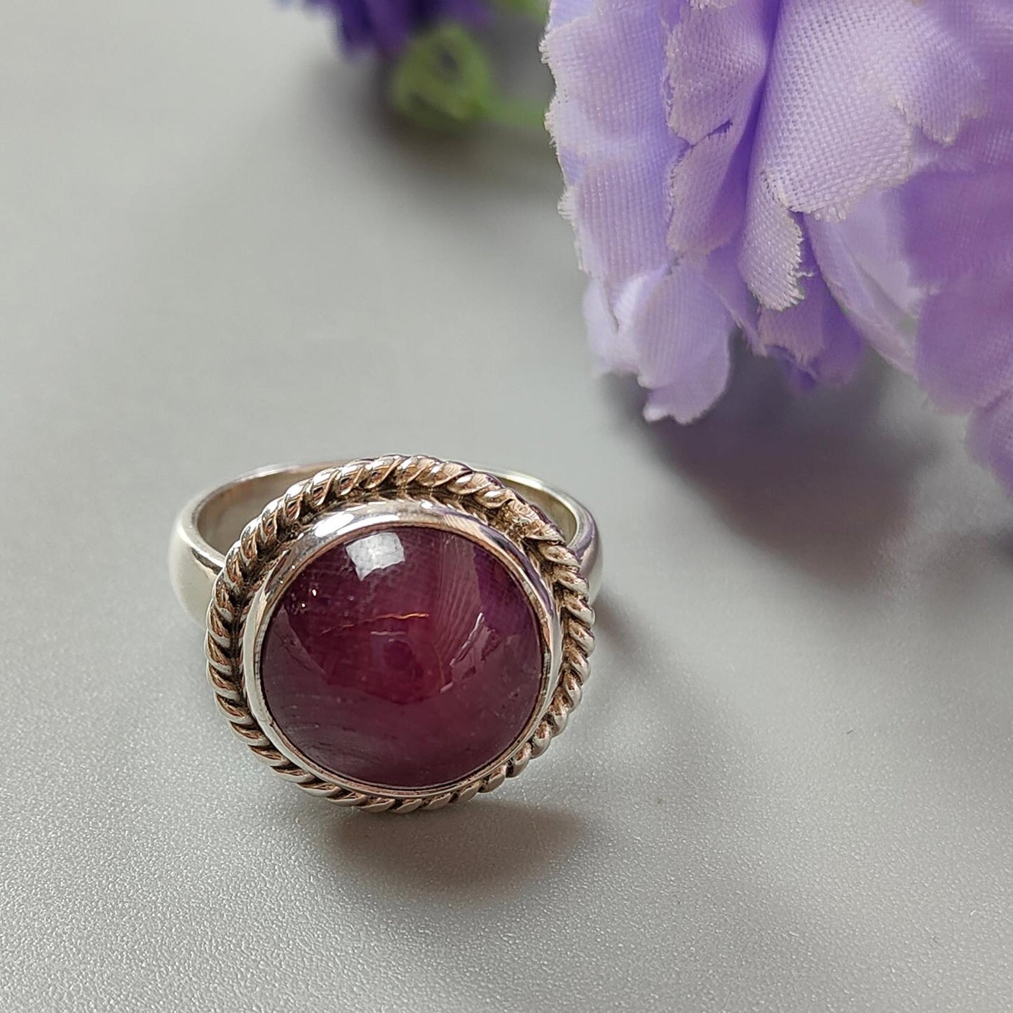 Red Ruby Silver Ring: 7.6gms. Natural Ruby Untreated Cabochon Round Shape 925 Sterling Silver Bezel Set Ring 8 US
