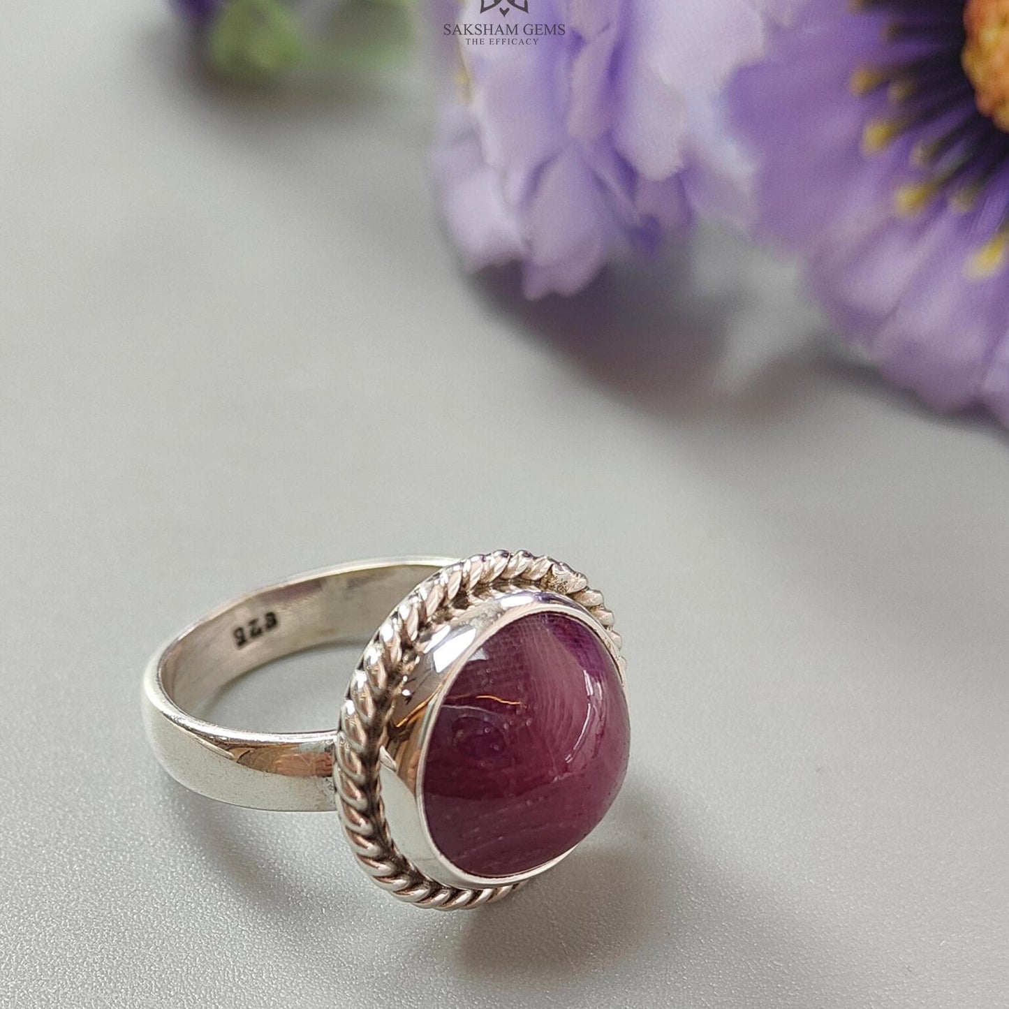 Red Ruby Silver Ring: 7.6gms. Natural Ruby Untreated Cabochon Round Shape 925 Sterling Silver Bezel Set Ring 8 US