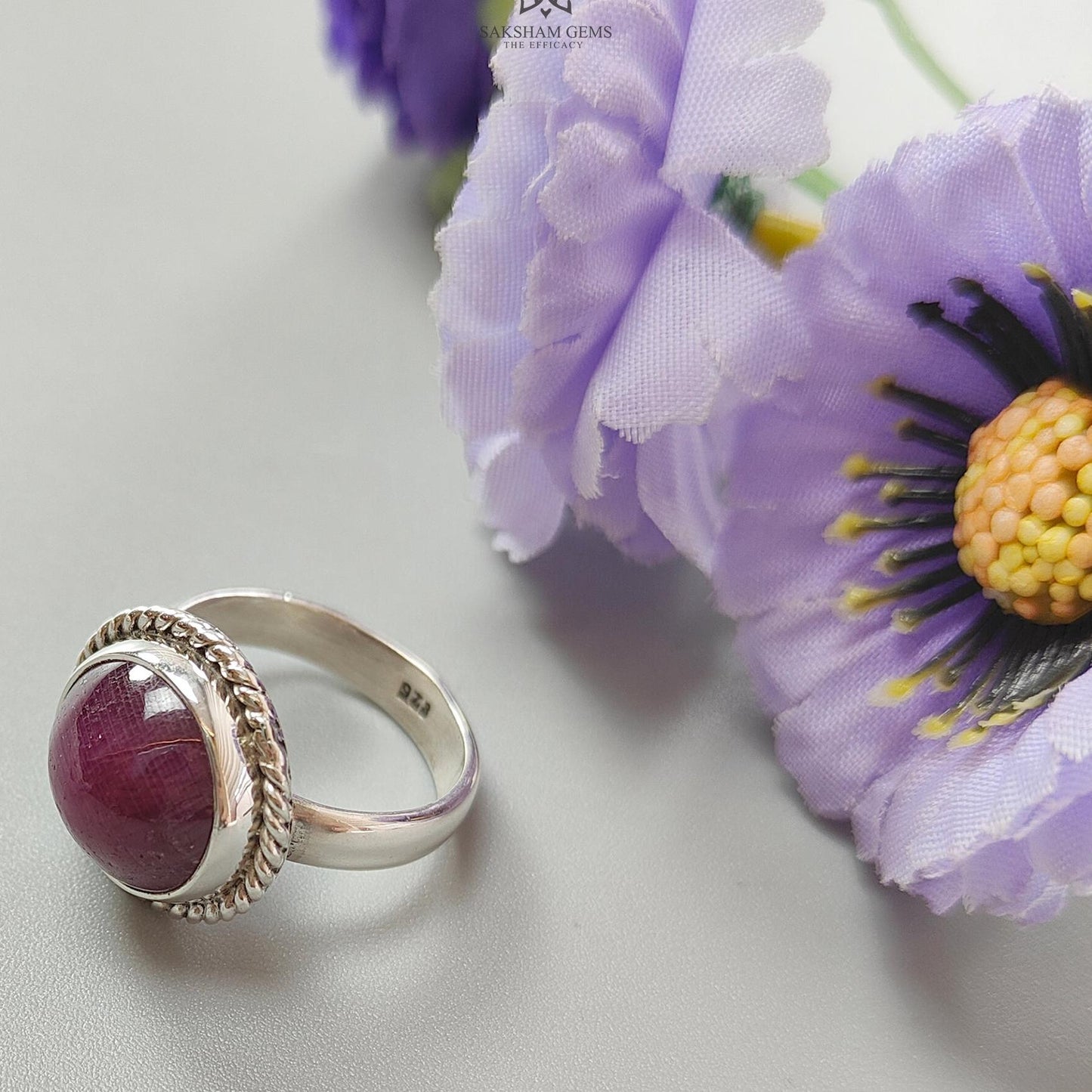 Red Ruby Silver Ring: 7.6gms. Natural Ruby Untreated Cabochon Round Shape 925 Sterling Silver Bezel Set Ring 8 US