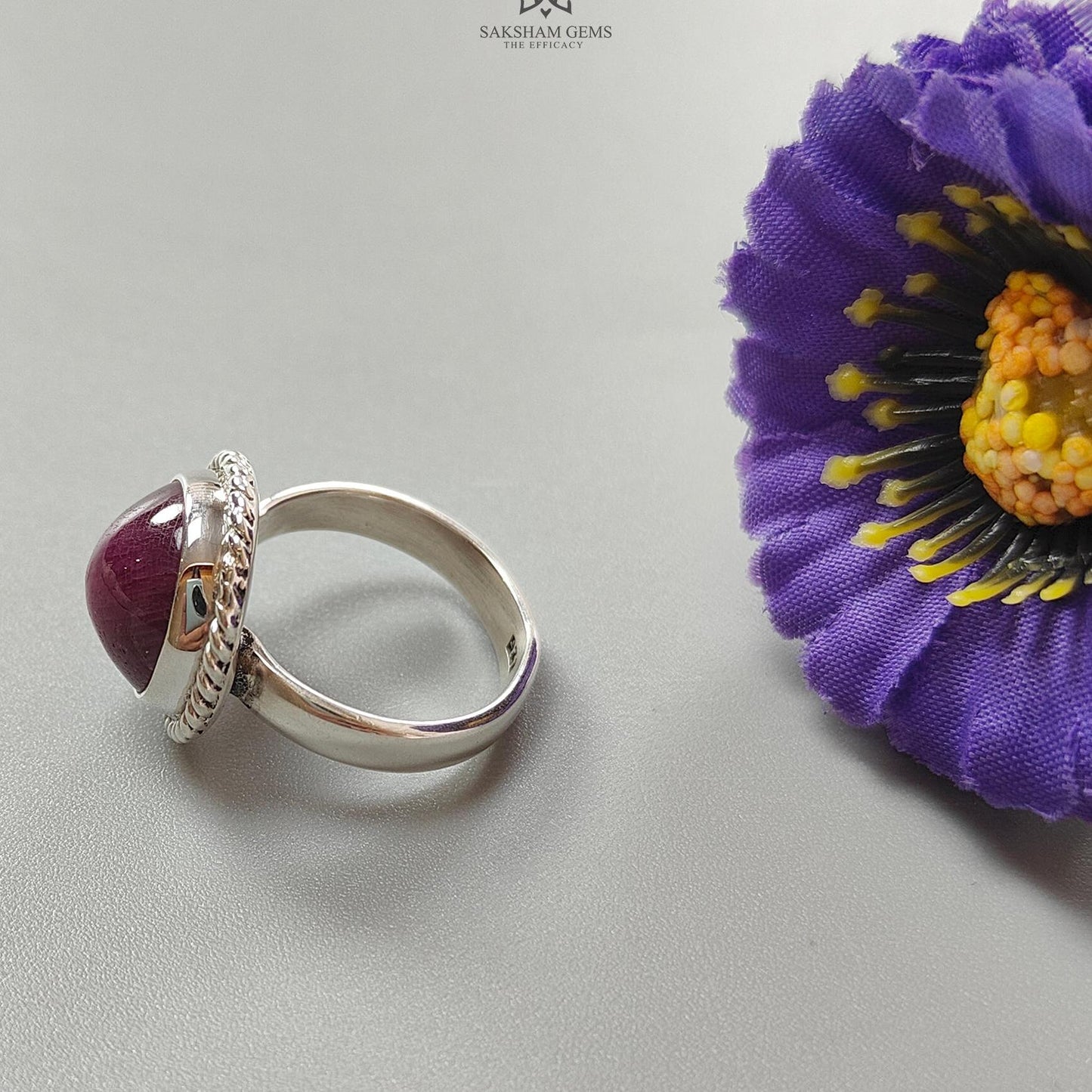 Red Ruby Silver Ring: 7.6gms. Natural Ruby Untreated Cabochon Round Shape 925 Sterling Silver Bezel Set Ring 8 US