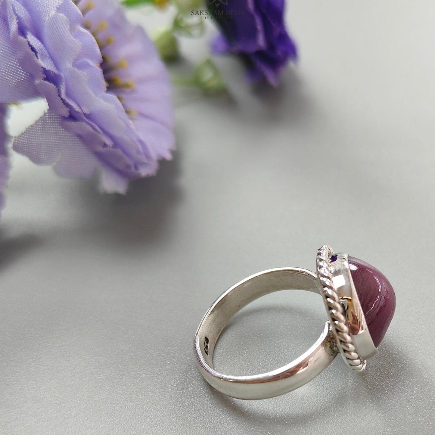 Red Ruby Silver Ring: 7.6gms. Natural Ruby Untreated Cabochon Round Shape 925 Sterling Silver Bezel Set Ring 8 US