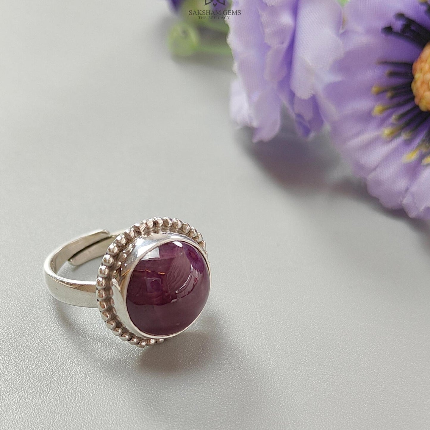 Red Ruby Silver Ring: 8.15gms. Natural Ruby Untreated Cabochon Round Shape 925 Sterling Silver Bezel Set Ring Adjustable